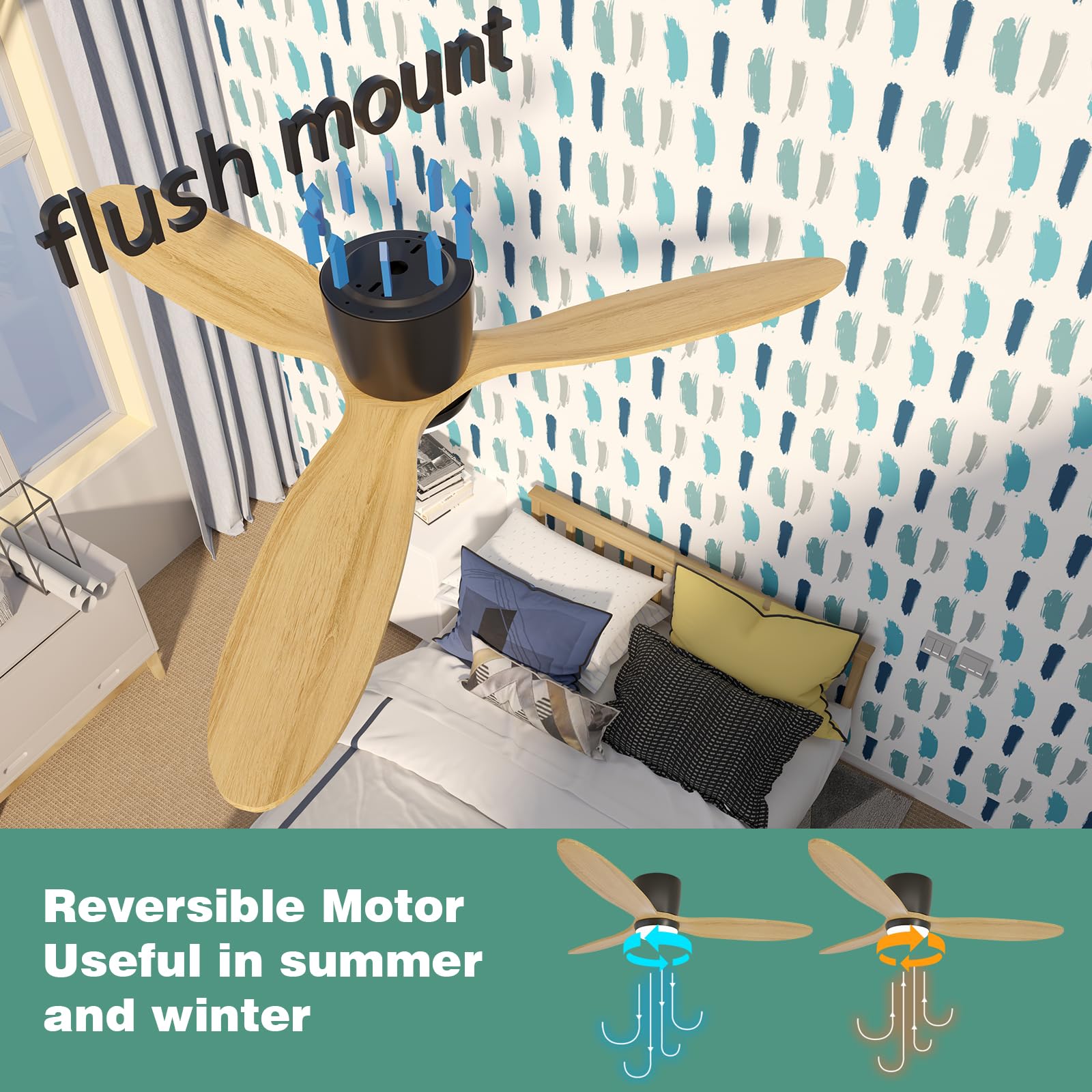 52 Inch Flush Mount Ceiling Fan with Light - Low Profile DC Motor Fan with Remote Control, 6 Speeds & 3 Color Lighting Options, Wood Blades in Modern Matte Black - Perfect for Outdoor, Patio, Bedroom and Living Room Spaces