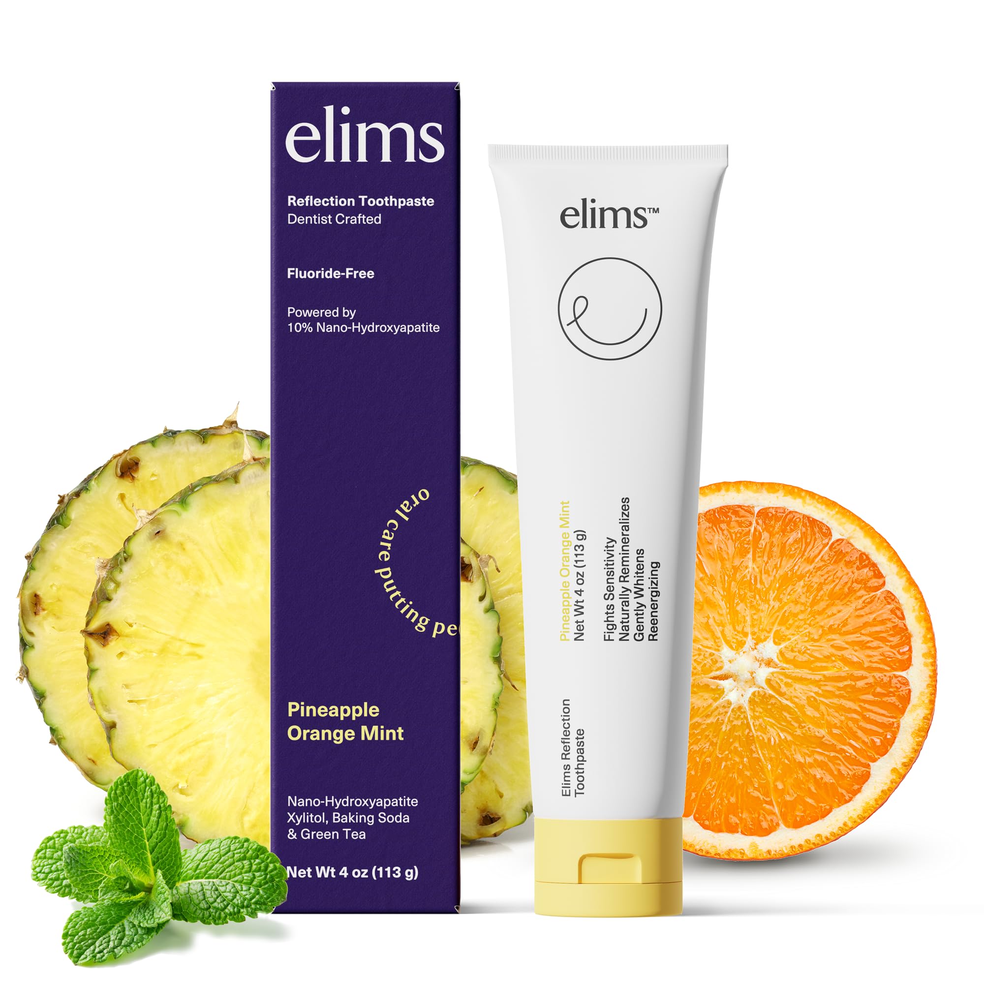 ELIMS Nano Hydroxyapatite Toothpaste - Fluoride Free, Xylitol Enriched for Teeth Whitening & Sensitivity Relief - SLS Free Orange Pineapple Mint Flavor (4oz) for Adults & Kids - Perfect for Daily Oral Care & Travel Use
