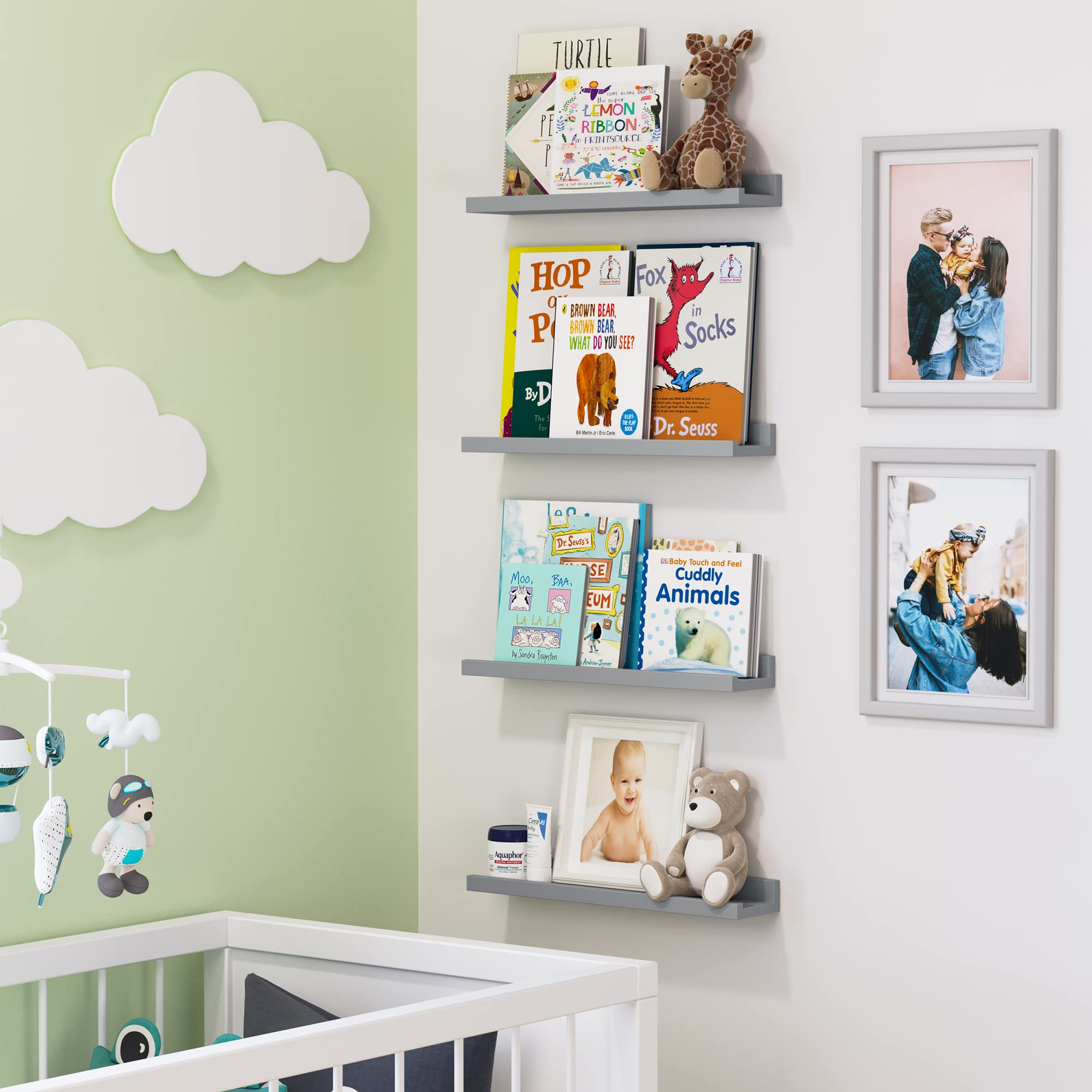 Wallniture Denver Floating Bookshelves Set of 4 - Modern Wall Mounted Shelves for Kids Room, Nursery Decor & Photo Display - Gray Wooden Picture Ledge - Perfect for Books, Toys, Picture Frames and Home Organization