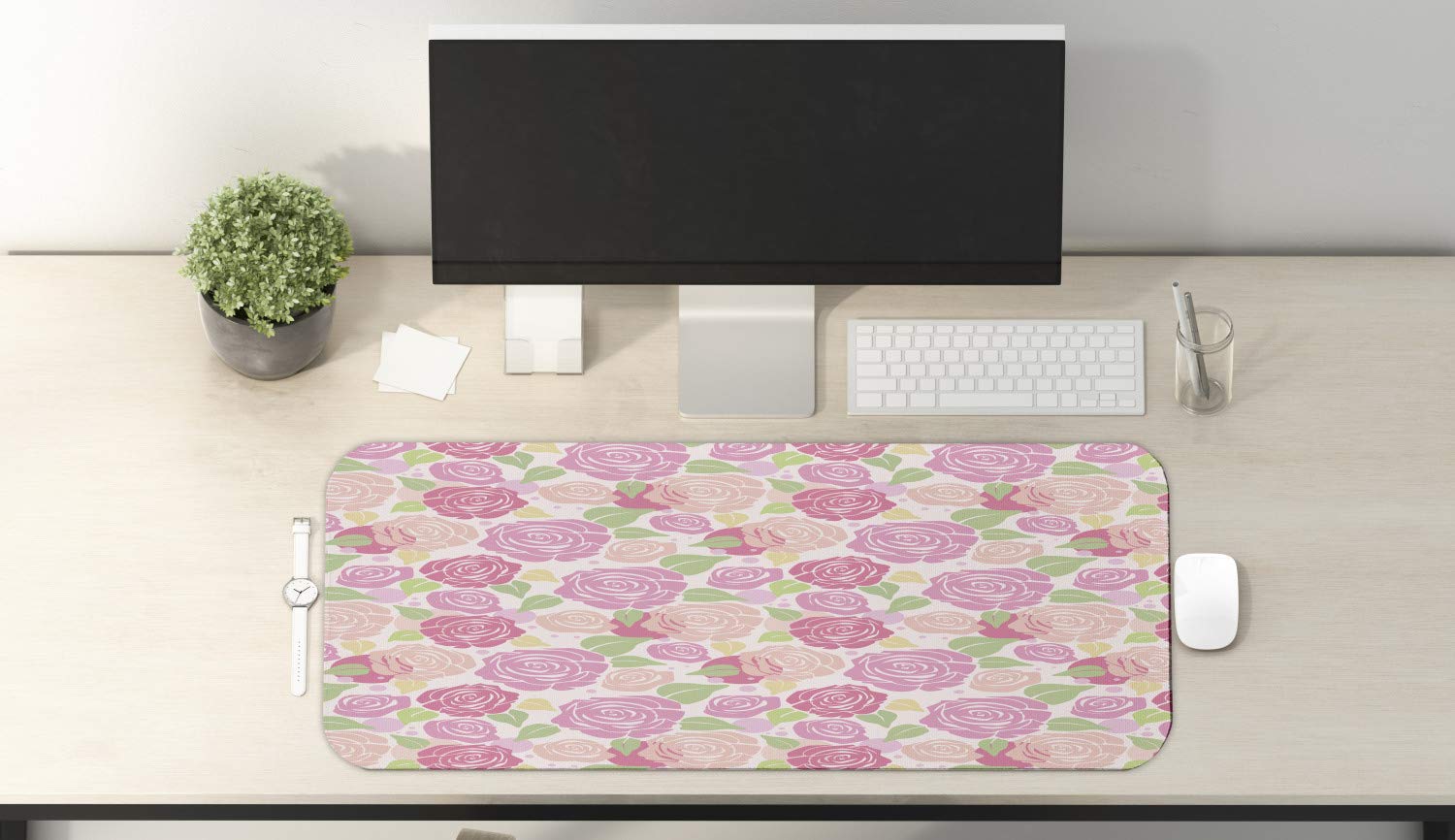 Ambesonne Rose Floral Computer Mouse Pad - Non-Slip Rubber Gaming Mouse Mat with Romantic Flower Silhouettes & Polka Dot Design, 31