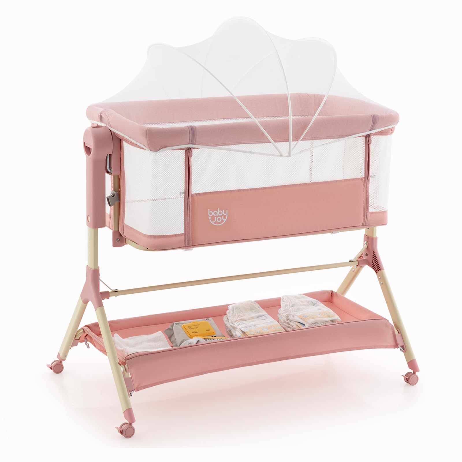 BABY JOY 3-in-1 Rocking Bassinet with Storage Basket | Adjustable Height Baby Bedside Sleeper with Universal Wheels, Mattress & Portable Bag | Nursery, Bedroom & Travel Use (Pink)