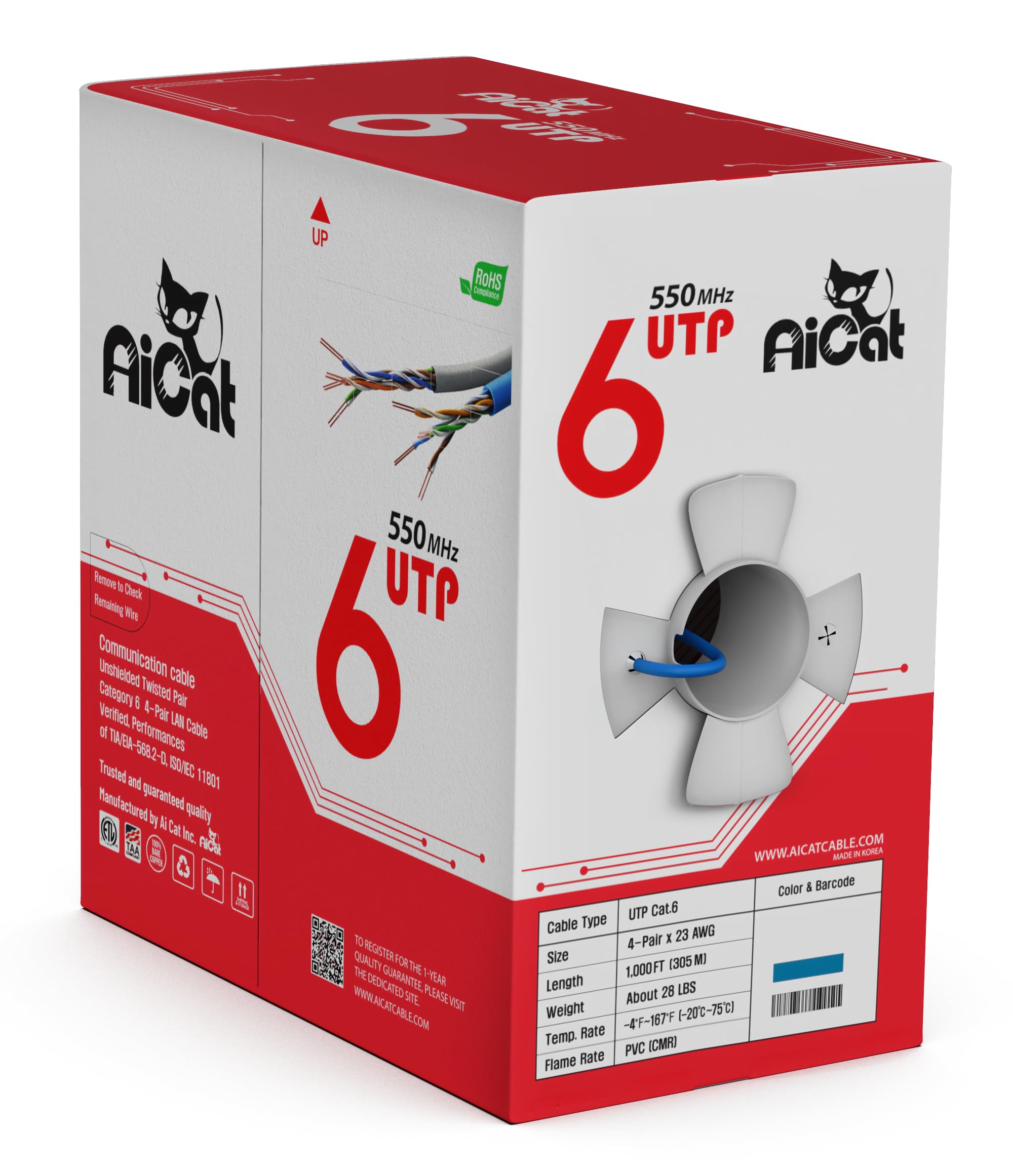 Premium AiCat Cat6 Ethernet Cable 1000ft (Blue) - 23 AWG CMR Rated, Solid Bare Copper Wire, Noise-Reducing Cross Separator - 550MHz/10Gbps Speed, PoE++ UTP LAN Cable - Ideal for Home Networking, Office Setup & Gaming