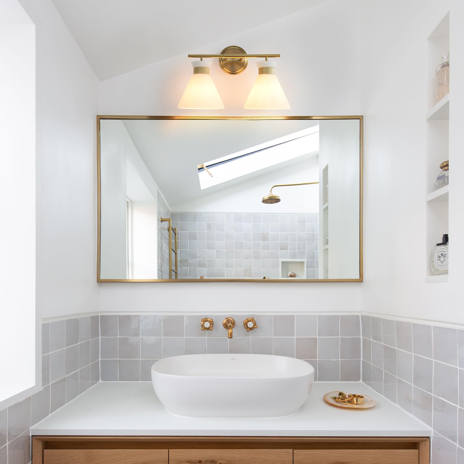 WOSHITU Mid Century Modern Bathroom Vanity Light Fixtures - 2 Light Brass Gold Wall Sconce with Frosted Milky Glass for Mirror Lighting | Perfect for Bathroom, Bedroom & Hallway Décor