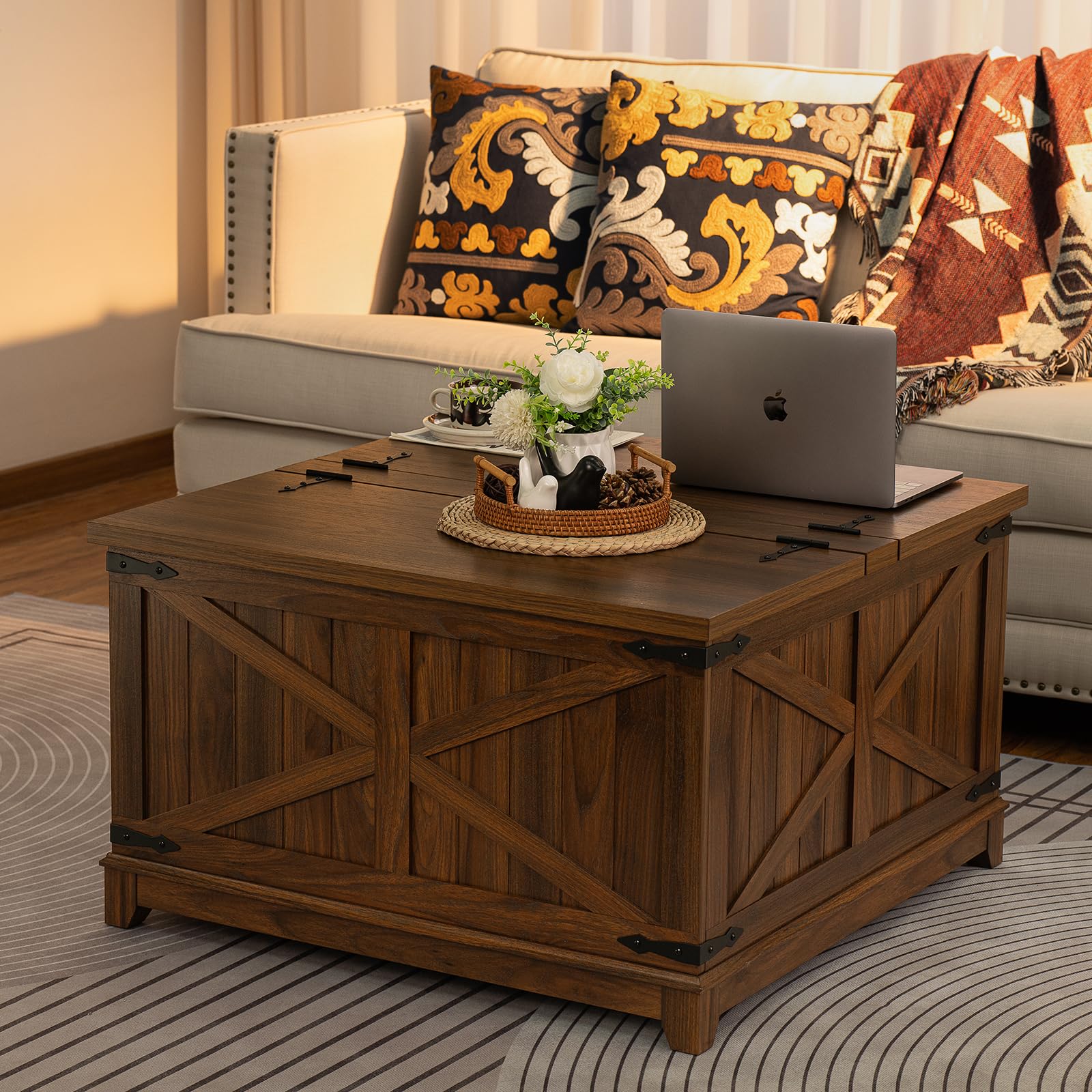 Rustic Farmhouse Coffee Table Set of 3 with USB Charging Station & Hidden Storage - Country Style Living Room Center Table & Nightstand 3-Piece Furniture Set for Home, Office - Perfect for Family Gatherings, Movie Nights & Remote Work