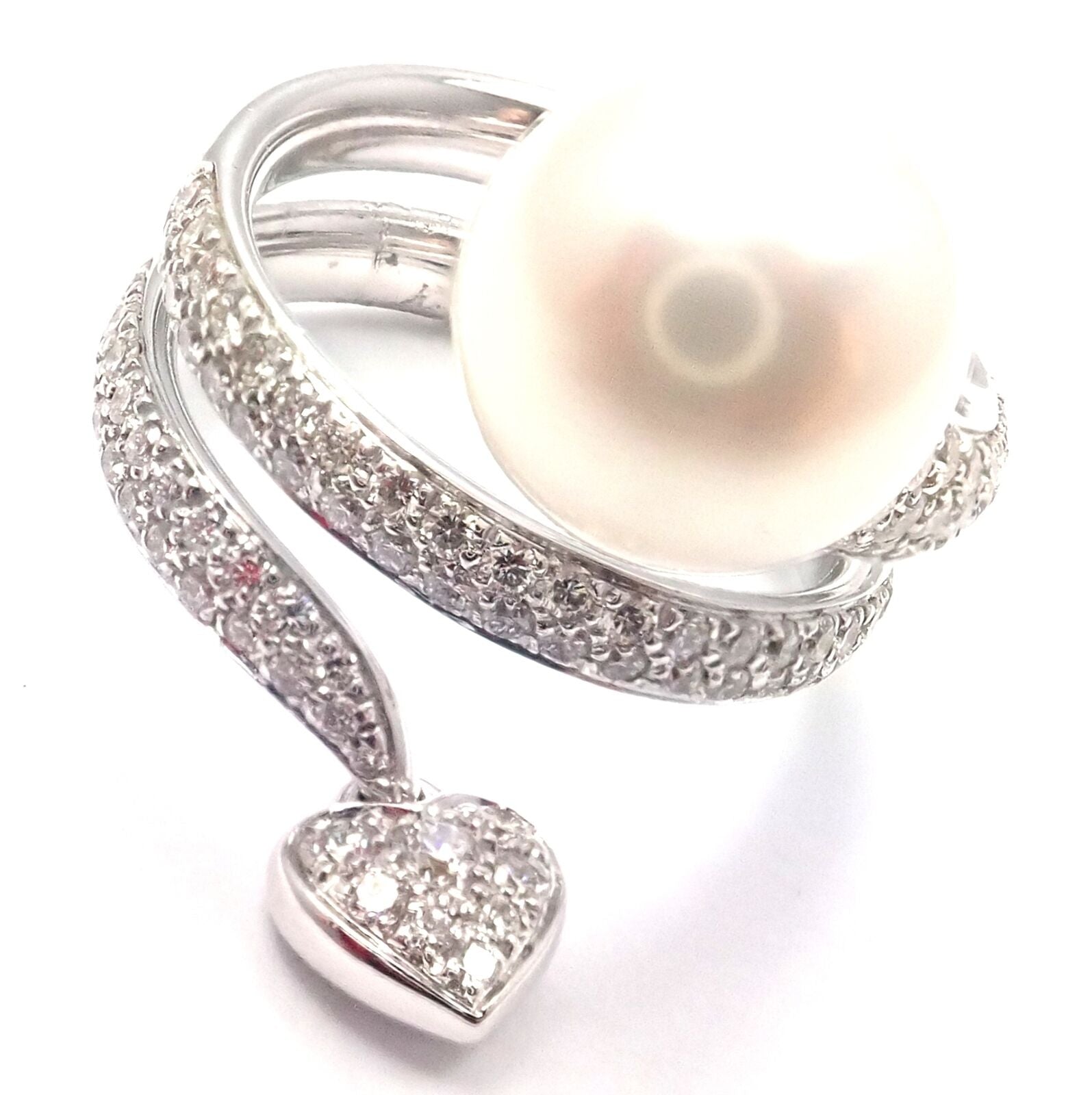 Authentic Mikimoto 18K White Gold Diamond South Sea Pearl Heart Ring with Certificate - Luxury Pearl Jewelry for Women, Perfect for Anniversaries, Weddings & Special Occasions