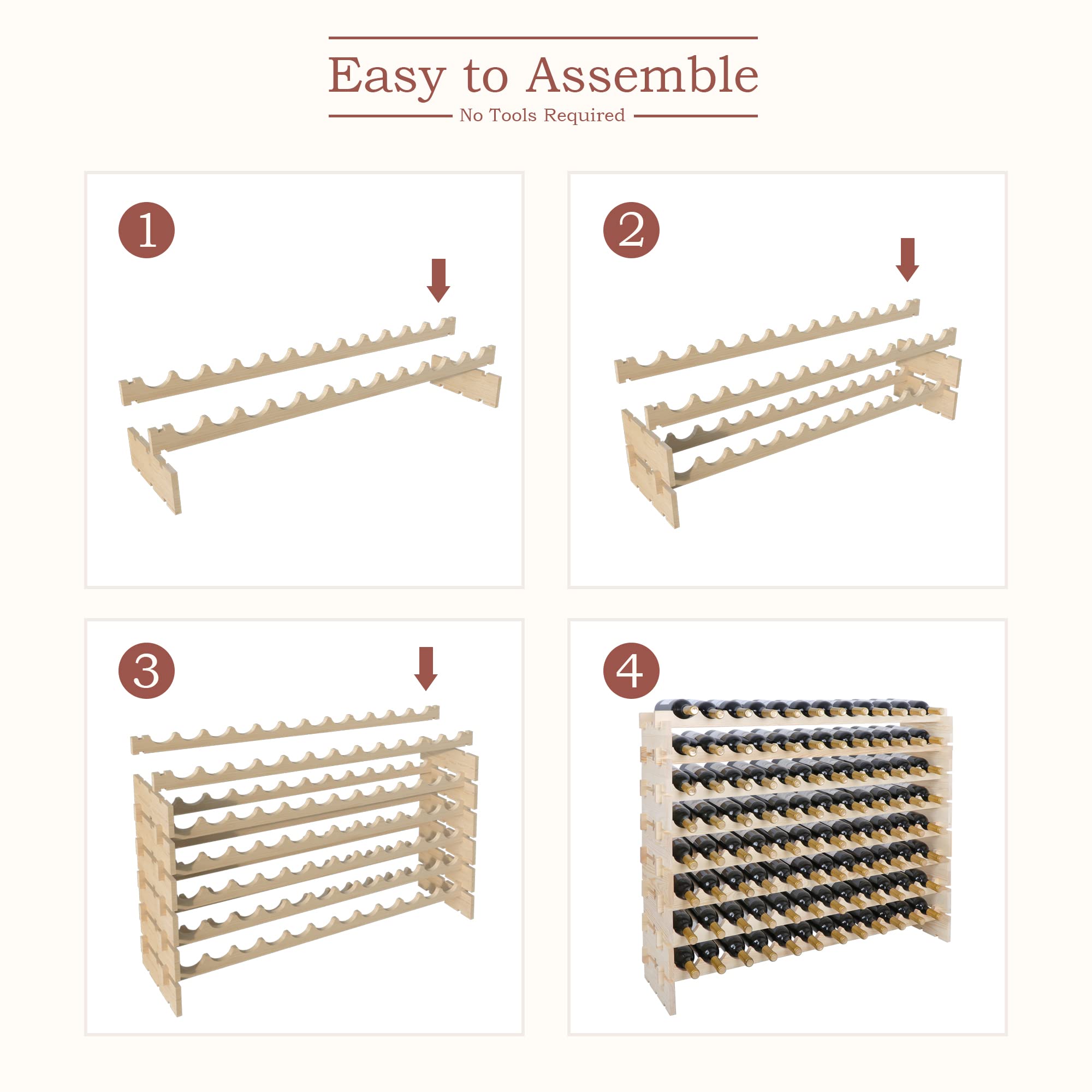 HomGarden 8-Tier Stackable Wine Rack - Modular Wooden Wine Storage Stand for 96 Bottles (8x12) - Natural Wood Free-Standing Display Shelf - Sturdy & Wobble-Free Design - Perfect for Home Bars, Restaurants, and Wine Cellars