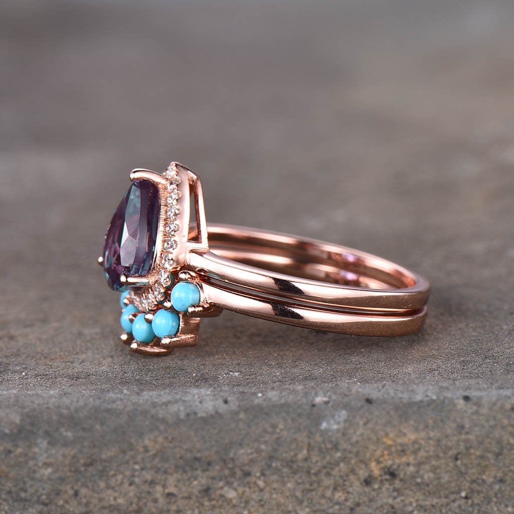 Vintage Pear Shaped Alexandrite & Turquoise Engagement Ring Set with Matching Band (2-Piece) - Perfect for Weddings, Anniversaries & Unique Proposal Gifts
