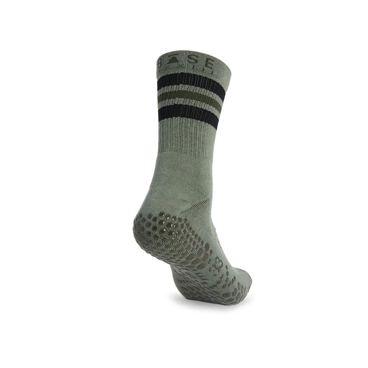 Base33 Grip Crew Socks - Olive Stripe Athletic Socks for Men & Women - Comfortable & Durable for Running, Hiking & Everyday Wear