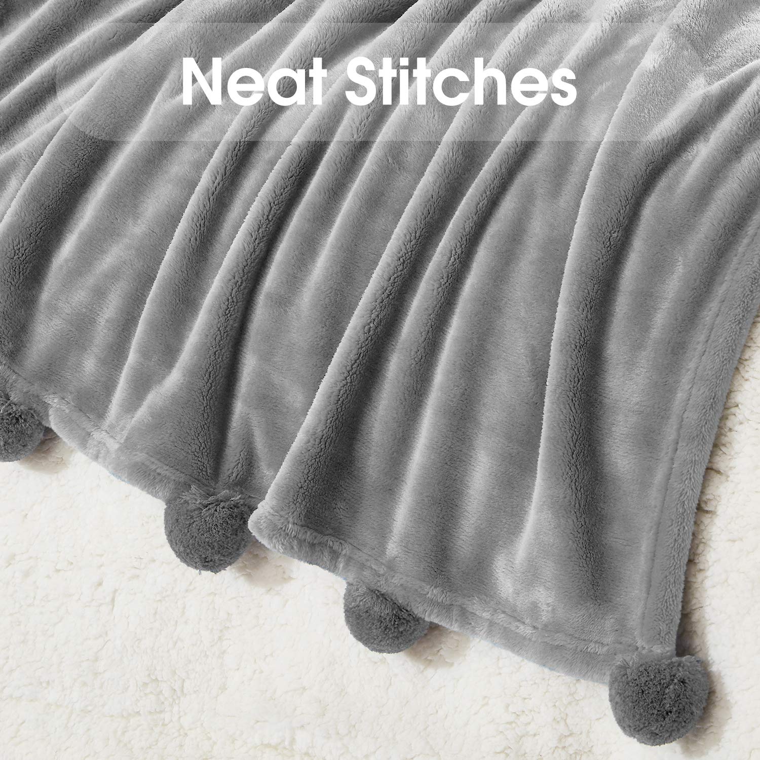 HOMEIDEAS Flannel Fleece Blanket Throw 50x60 Inches - Ultra Soft Lightweight Fuzzy Blanket for Couch, Bed, Camping & Travel - All Season Cozy Blanket with Pompom Fringe (Light Grey) - Perfect for Netflix Nights, Picnics and Gift Giving