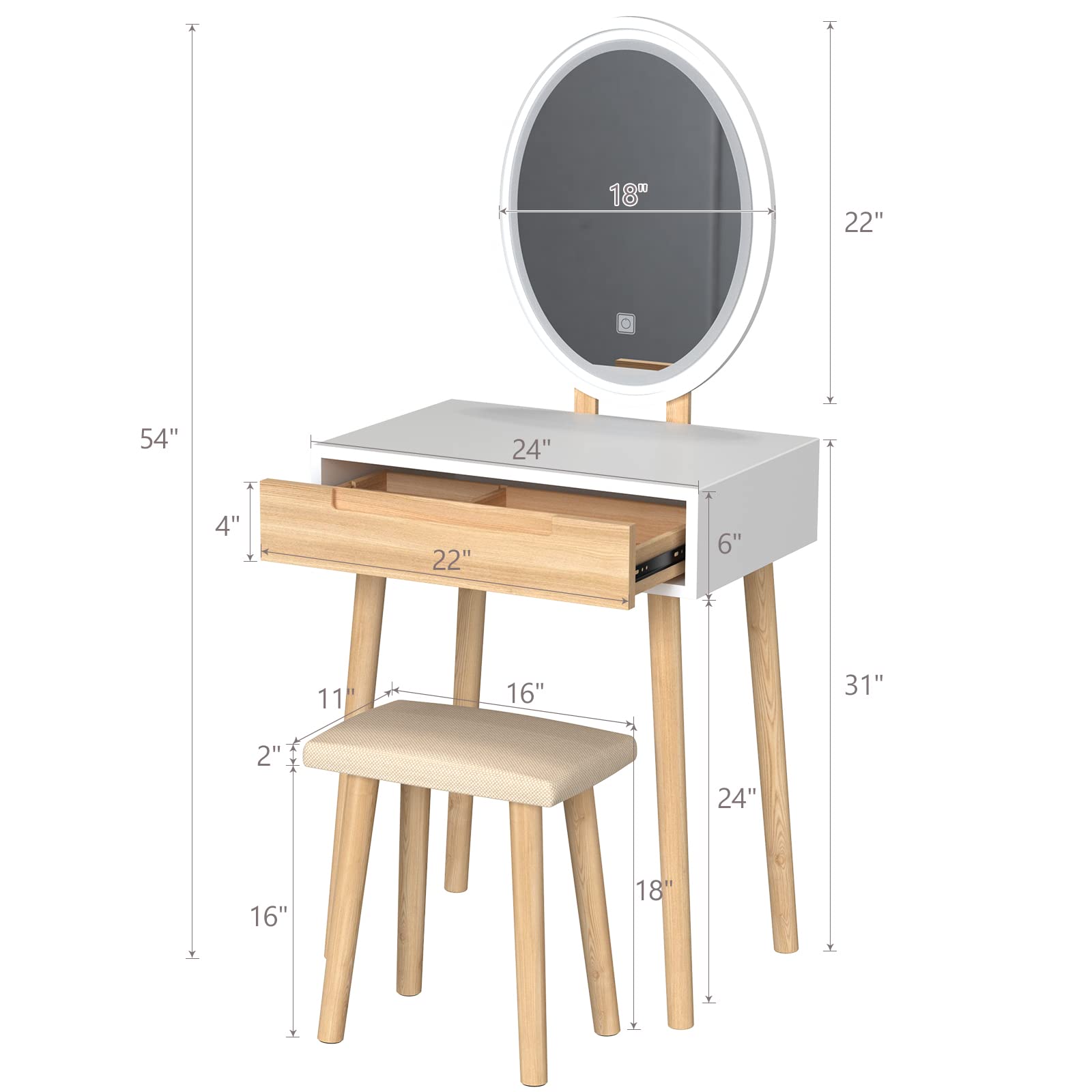 ARTETHYS 24 Inch Small Makeup Vanity Desk Set with 3 Adjustable LED Lighted Mirror, Wooden Dressing Table with Drawer & Stool - Perfect for Bedroom, Apartment, and Small Space Beauty Organization