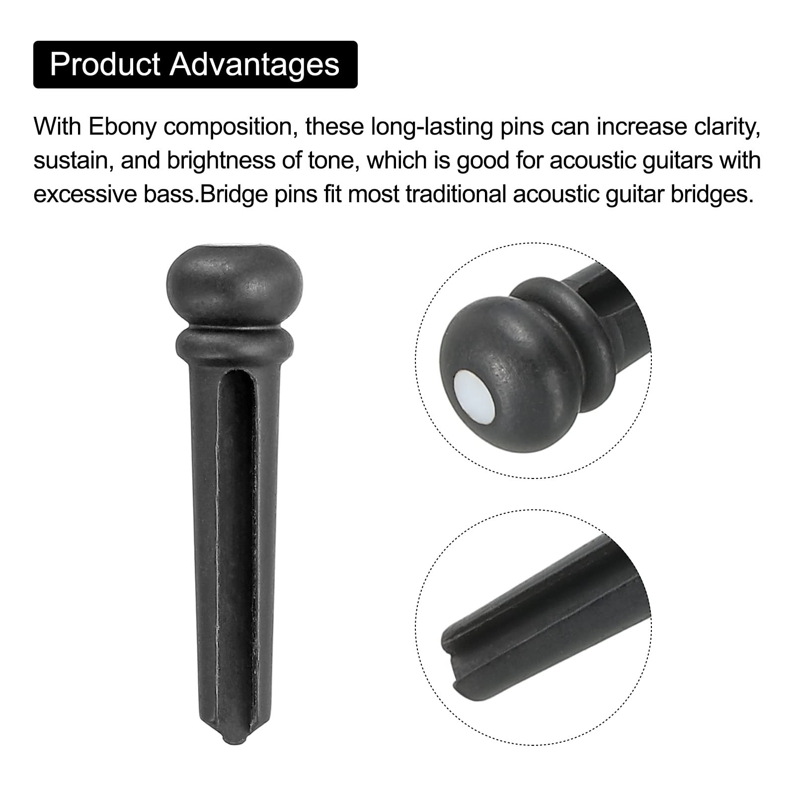 Ebony Acoustic Guitar Bridge Pins & Pegs Set - 6 Pack with Brass Folk Guitar End Pins & White Shell Spots | Durable Replacement Parts for Acoustic Guitars | Perfect for Guitar Maintenance & Upgrades