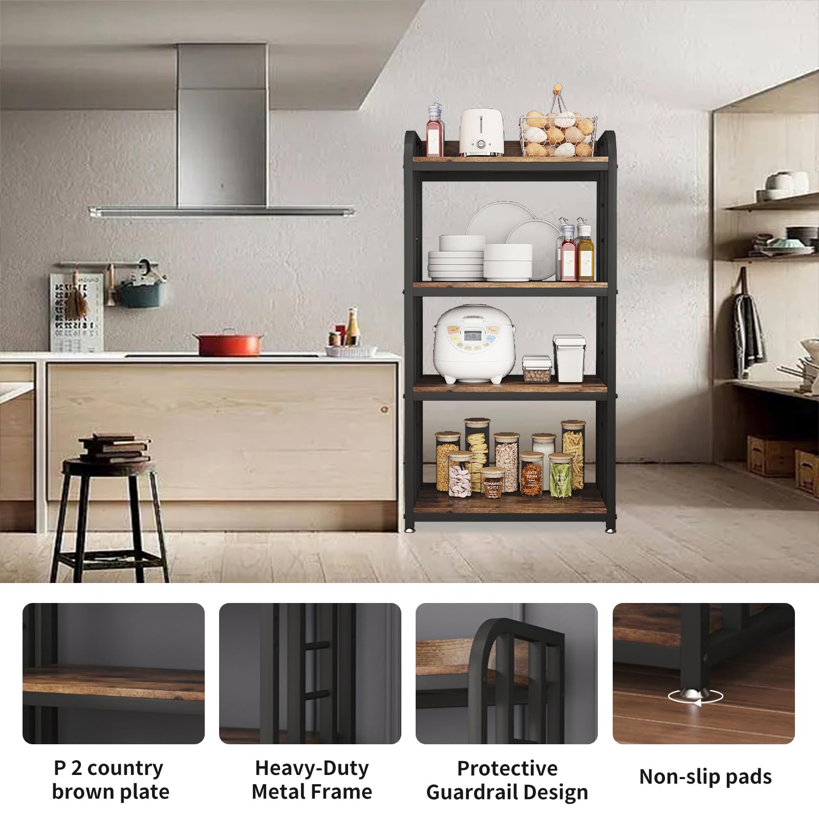4-Tier Adjustable Microwave Stand with Storage Shelf - Free Standing Kitchen Organizer for Coffee Bar, Spices & Pots (Brown) - Perfect for Small Kitchens & Pantry Organization