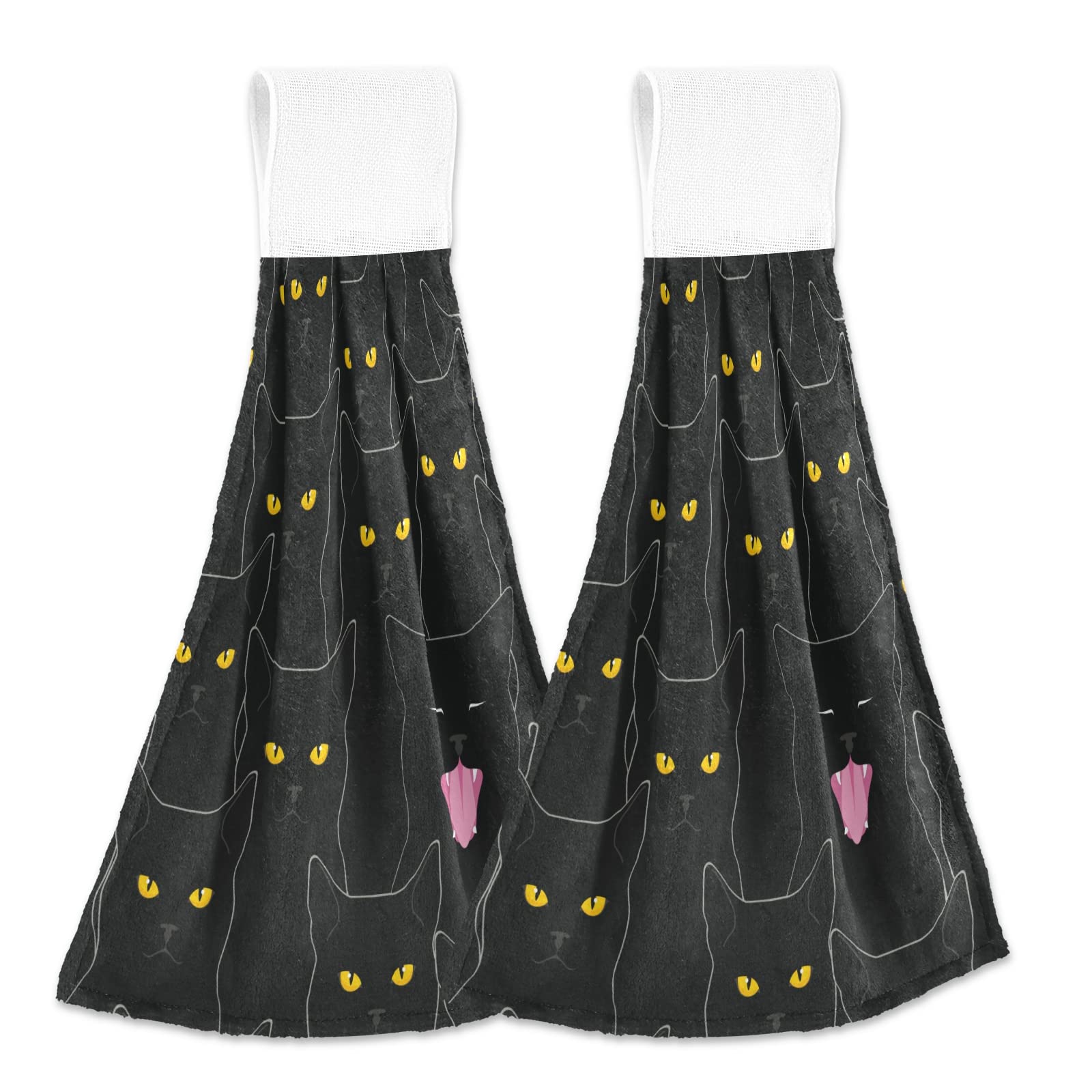 Black Cat Halloween Hanging Kitchen Towels - Set of 2 Absorbent Hand & Dish Towels for Bathroom, Farmhouse Decor, Housewarming Gift - Perfect for Halloween Parties, Kitchen Decor & Cozy Home Accents