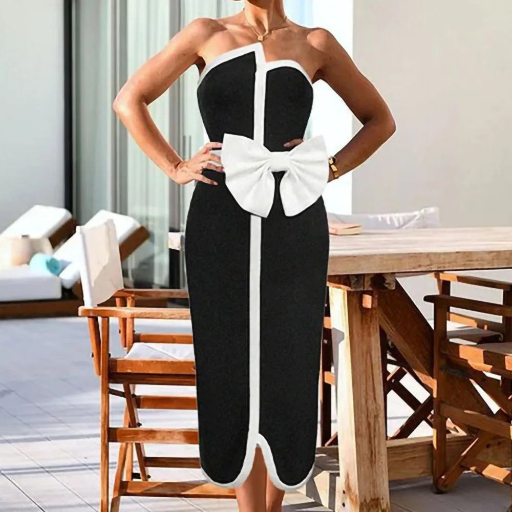 Women's Black & White Vintage Swimsuit - Elegant Tube Top Bikini with Bow Belt & Asymmetrical Skirt for Beach, Pool & Summer Vacations