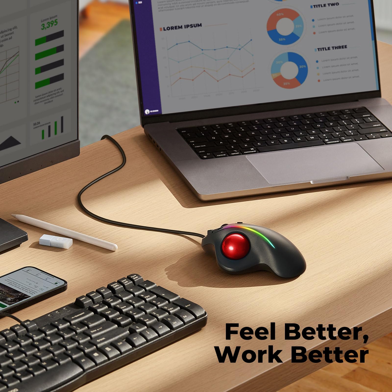 RGB Wired Trackball Mouse - Ergonomic Comfort Design Reduces Wrist Strain, Thumb Control with 5 Adjustable DPI (800-4000) for Precise Tracking - Compatible with PC, Laptop, Mac (Windows/macOS) - Perfect for Gaming, Office Work & Graphic Design