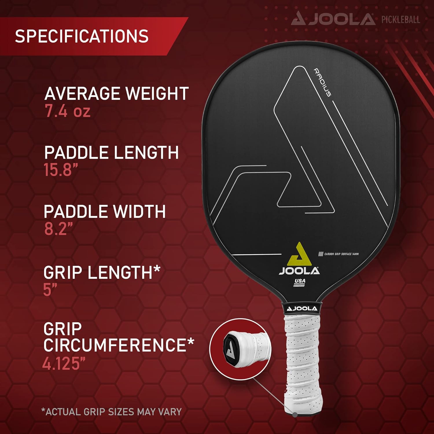JOOLA Radius CGS 14 Pickleball Paddle - Premium Carbon Fiber Surface for Enhanced Control & Spin - Perfect for Indoor & Outdoor Court Play