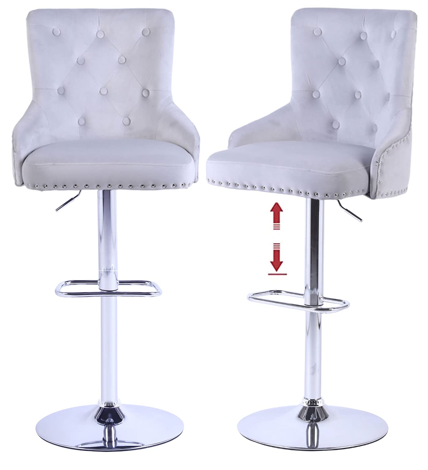 Premium Velvet Swivel Bar Stools Set of 2 - Adjustable Height Silver Grey Counter Stools with Back Support | Perfect for Kitchen Island, Breakfast Bar & Home Decor