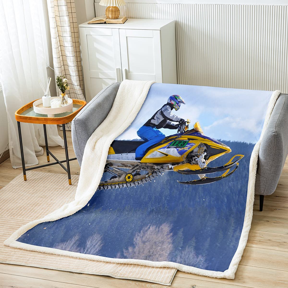Snowmobile Pattern Sherpa Fleece Blanket for Boys & Teens - 30