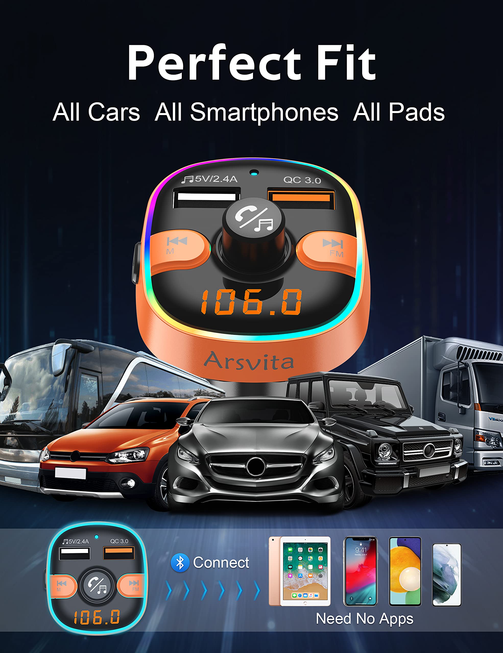 Upgraded Arsvita Bluetooth FM Transmitter - QC3.0 Fast Charger & Hi-Fi Sound for Car Audio & Hands-Free Calling (Orange)