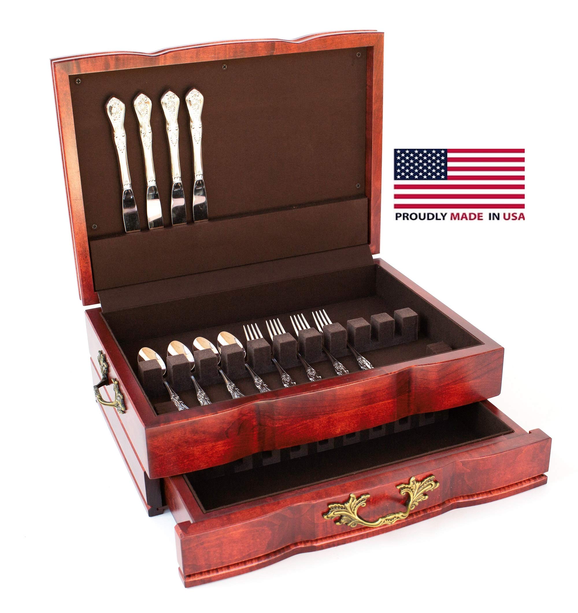 GRANDEUR Solid Cherry Wood Flatware Chest with One Drawer - Handcrafted Rich Mahogany Finish - Perfect for Silverware Storage & Dining Table Display