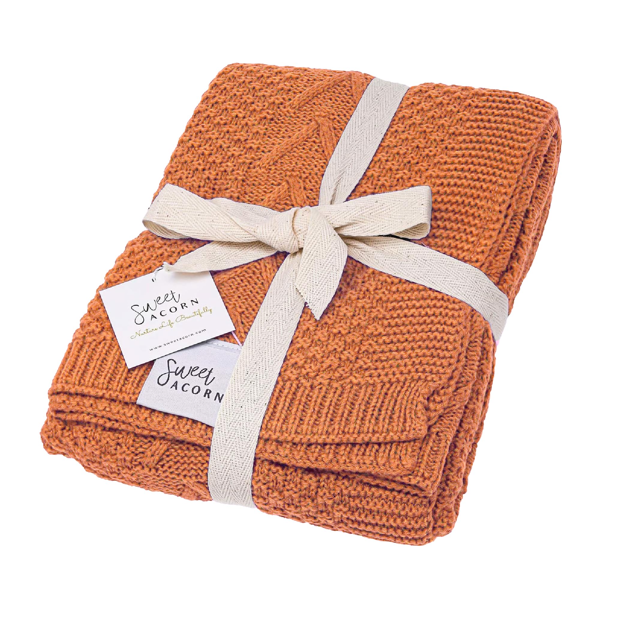Organic Cotton Sweet Acorn Cable Knit Baby Blanket - Soft Receiving Blanket for Crib, Stroller & Nursery | Sunset Orange | Perfect for Newborn Gifts, Photo Shoots & Cozy Swaddling