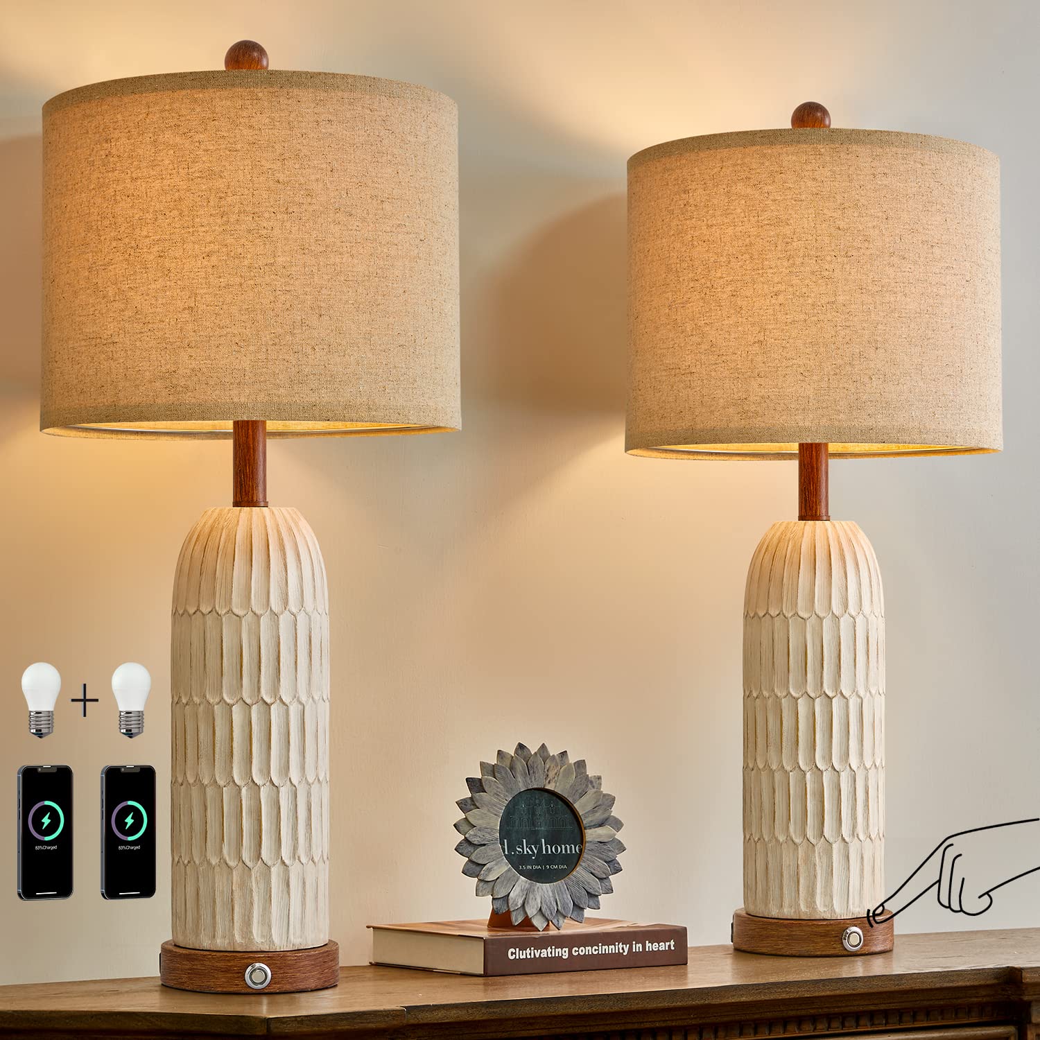OYEARS 3-Way Dimmable Touch Control Table Lamp Set of 2 with Dual USB Charging Ports - 26.5