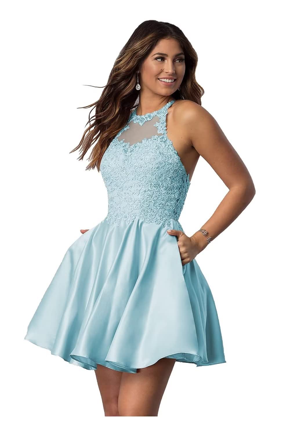 Elegant Lace Applique Short Homecoming Dress with Pockets | Halter Neck Prom Dress for Teens | 2022 Satin Cocktail Party Dress | Perfect for Dances, Weddings & Special Occasions