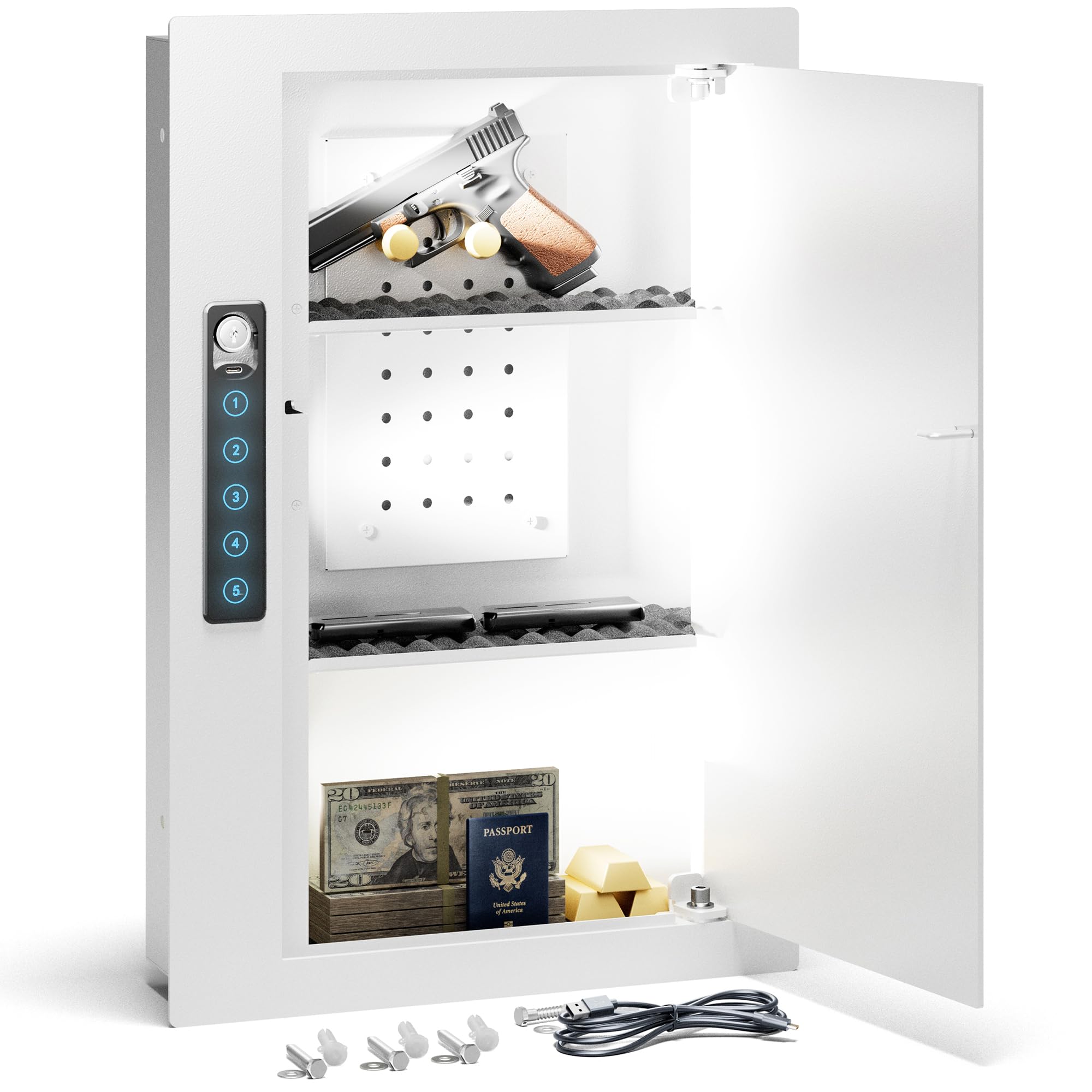 Quick Access Wall Gun Safe with Removable Pegboard & Shelves - Hidden White Wall Safe Between 16