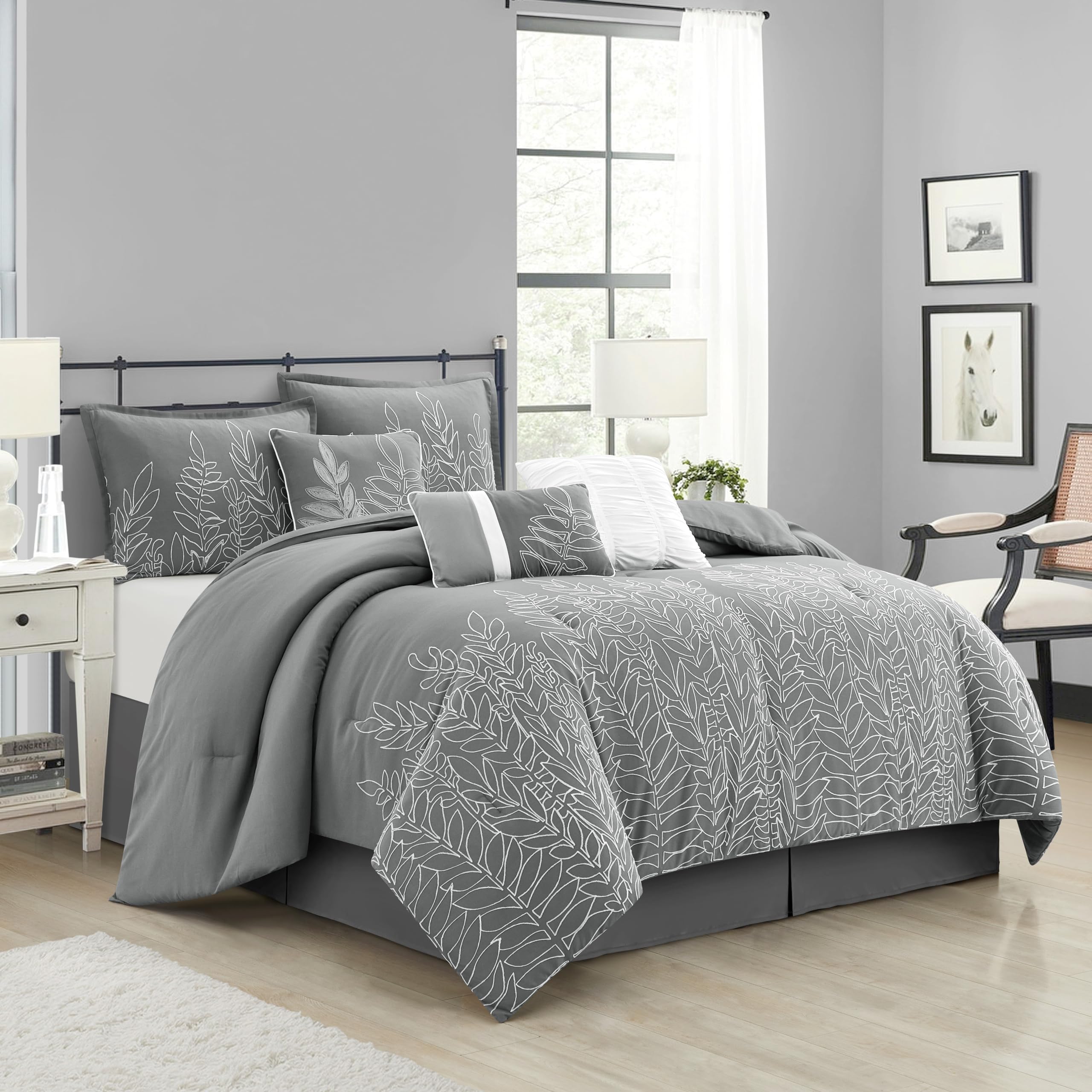 Grand Avenue Grey Leaves King Size Comforter Set - 7 Piece Bedding Set with Pillow Shams, Bed Skirt & Decorative Pillows | All Season Luxury Home Decor for Master Bedroom