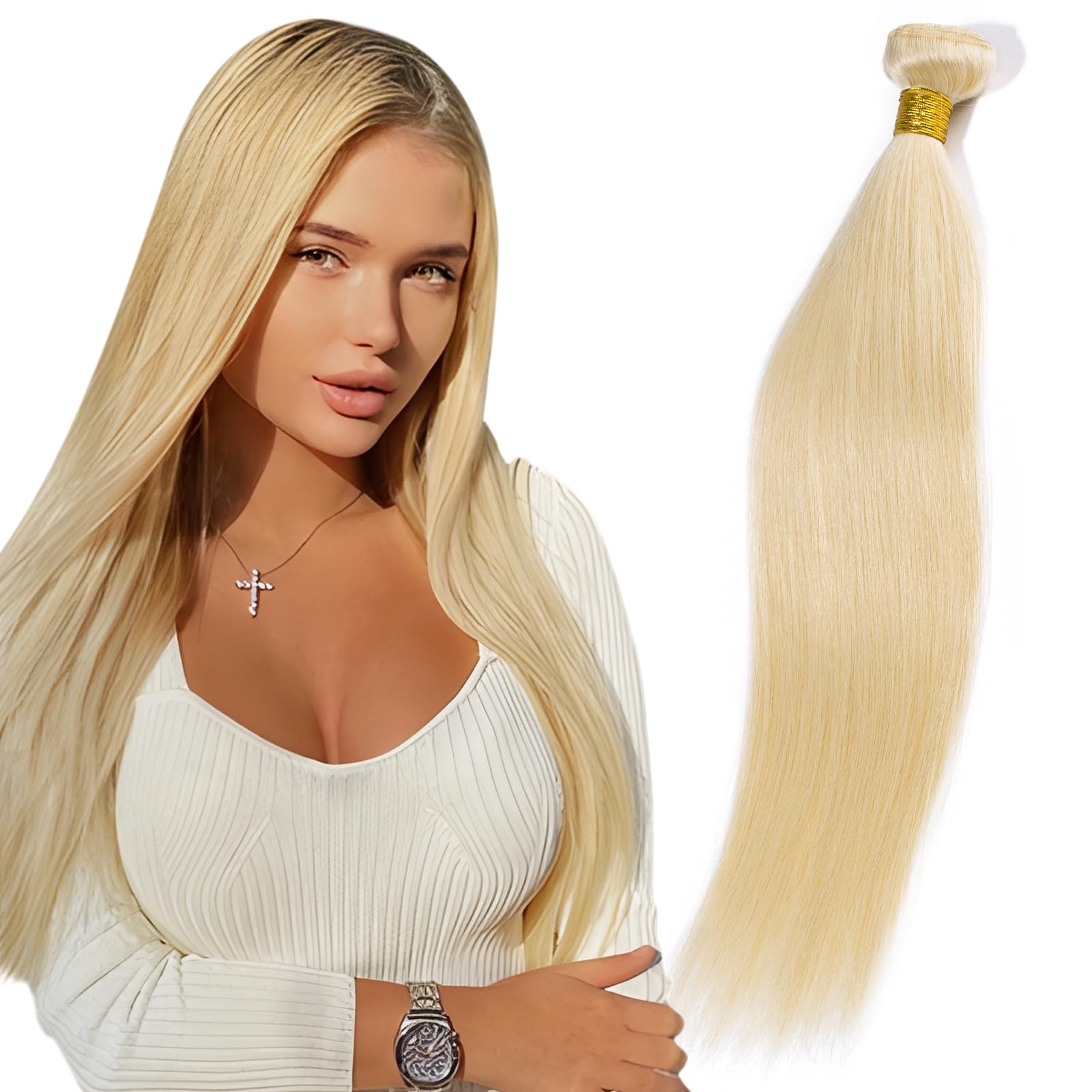 Elailite 100% Real Human Hair Weave Bundles - #613 Bleach Blonde Straight Hair Extensions (18 Inch, 100g) for Stunning Blonde Looks - Perfect for Daily Wear, Parties & Special Occasions