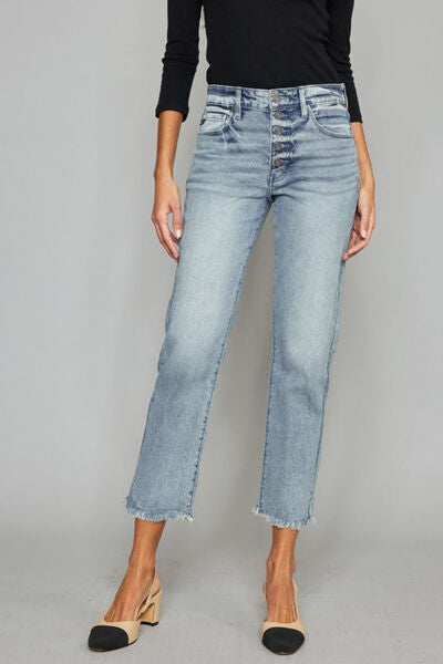 Kancan High Waist Button Fly Raw Hem Cropped Straight Jeans for Women - Trendy Distressed Denim Pants for Casual Outfits & Street Style Fashion