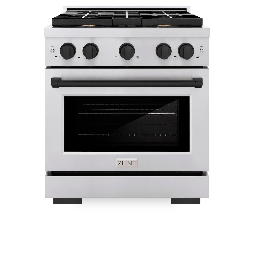 ZLINE Autograph Edition 30-inch 4.2 cu. ft. Stainless Steel Gas Range with 4 Burner Cooktop & Convection Oven - Matte Black Accents (SGRZ 30 MB) - Perfect for Modern Kitchens & Professional Cooking