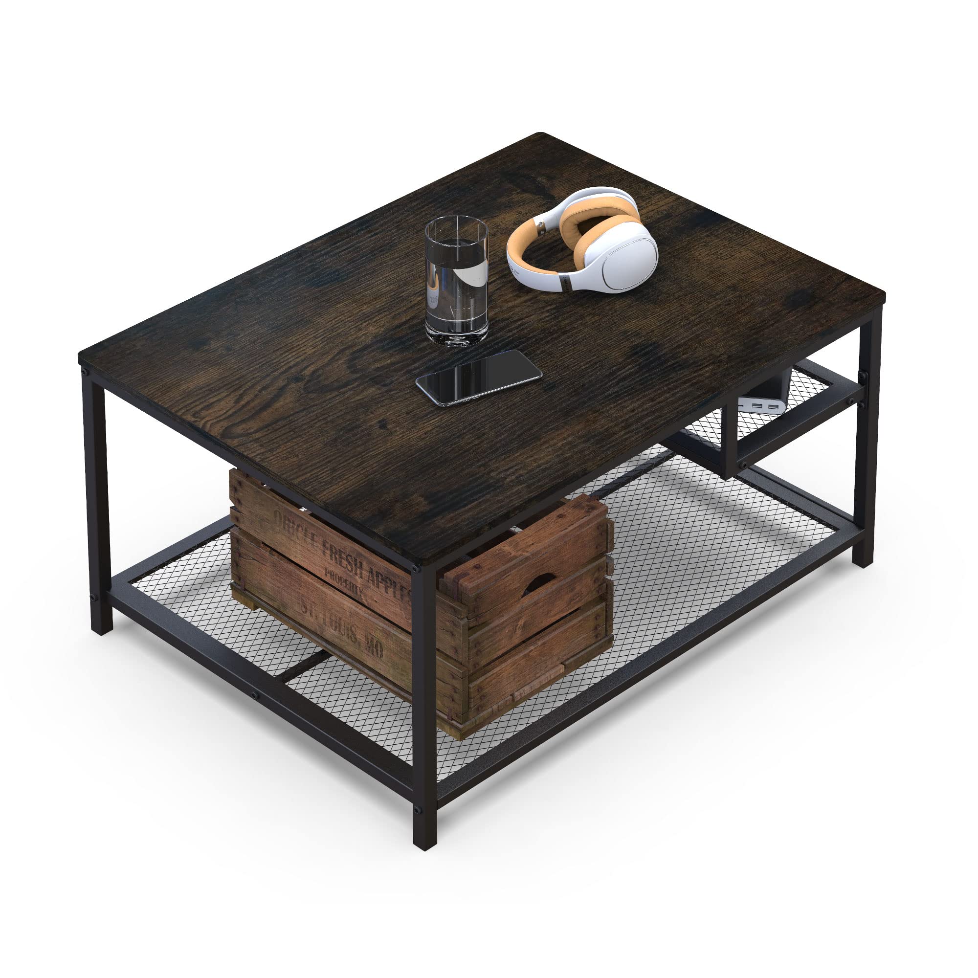 LUKYRA Industrial Coffee Table with 2-Tier Metal Mesh Shelf - Sturdy Rectangular Side Table for Living Room, Office & Dorm - Perfect for Sofa, TV Stand & Workspace Decor