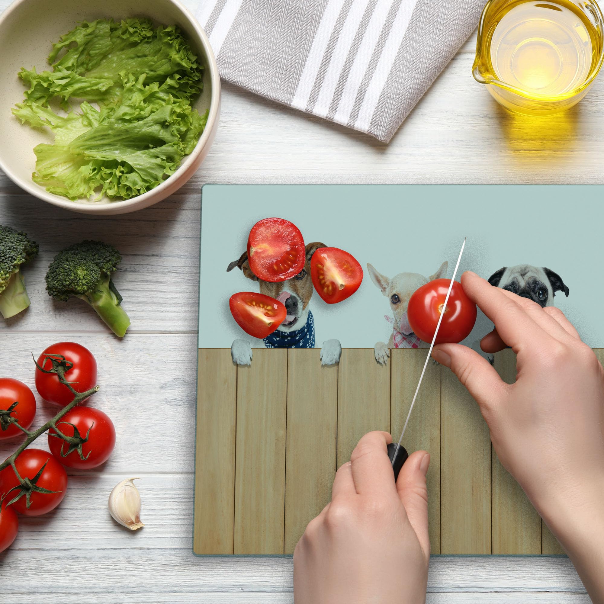 Lunarable Dog Lover Cutting Board - Large Tempered Glass Serving Board with Playful Hungry Dogs Design (Sand Brown/White) - Perfect for Kitchen Decor, Cheese Platters & Pet Lover Gifts