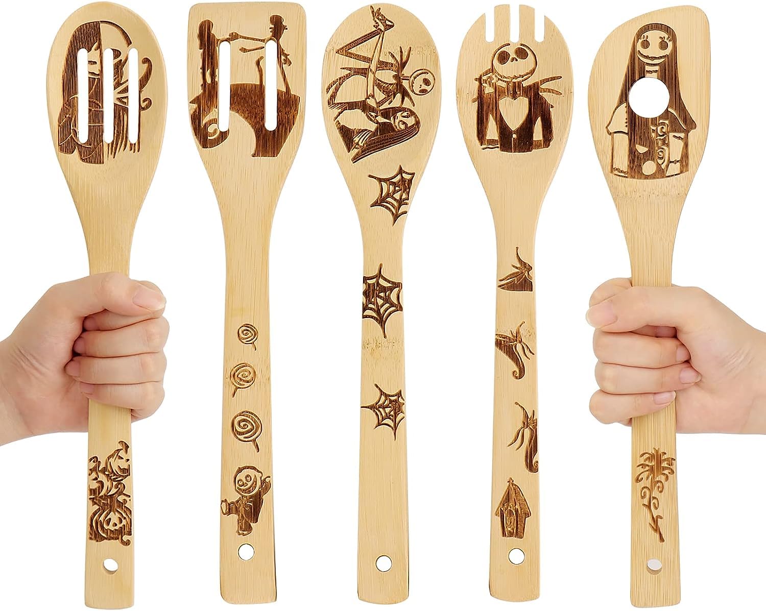 Nightmare Before Christmas Wooden Spoons Set - Burned Bamboo Kitchen Utensils for Cooking, Halloween Decor, and Housewarming Gifts - Perfect for Spooky Kitchen Decorations and Themed Dinner Parties