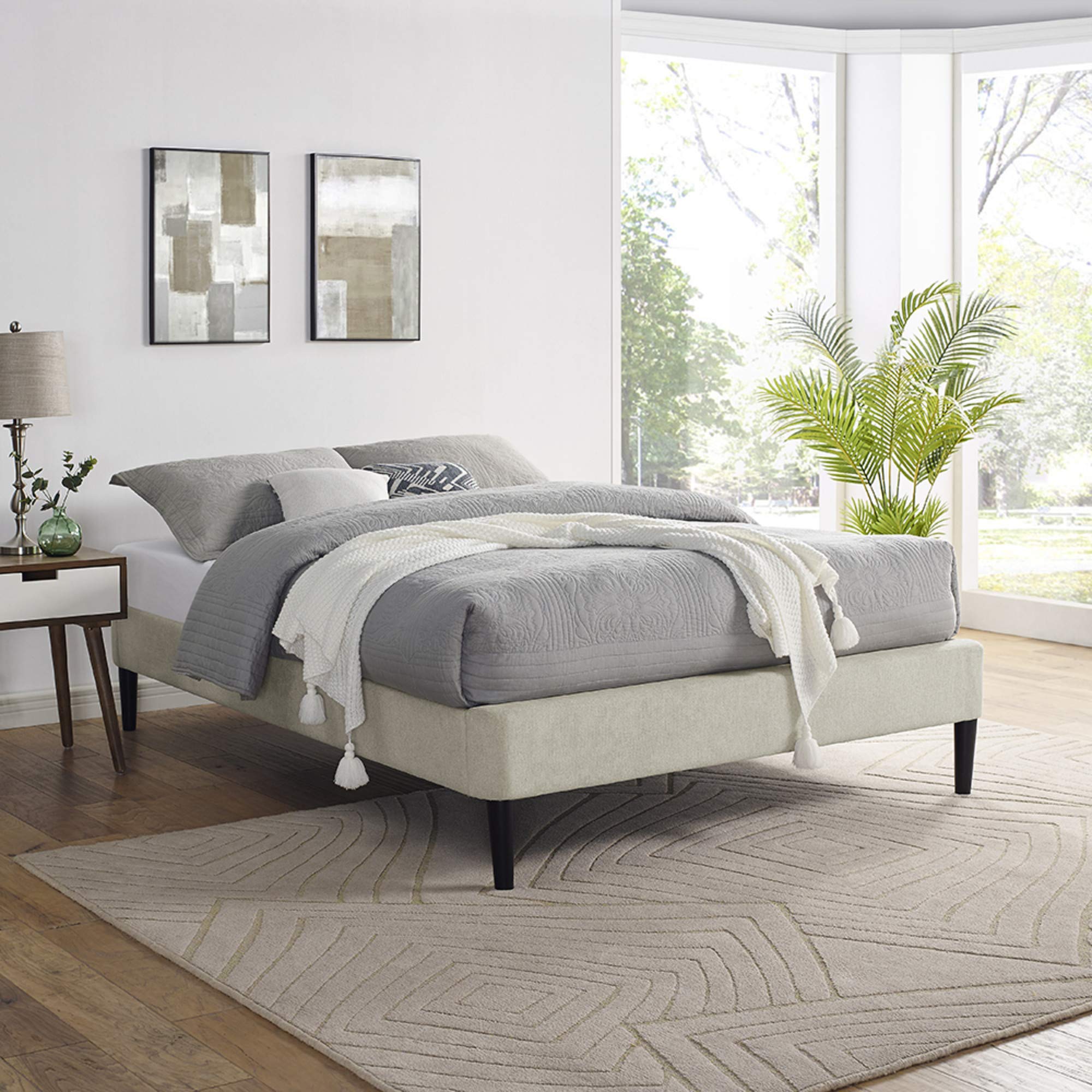 Palmetto Beige Upholstered Full Size Platform Bed Frame - Modern Bedroom Furniture for Small Spaces & Guest Rooms