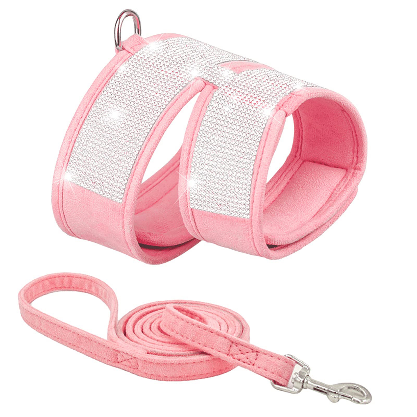 No Pull Dog Harness and Leash Set - Soft Suede Cat Rhinestone Vest Harness with Bling Chest Strap for Small Dogs & Puppies (Pink) - Perfect for Walking, Training, and Outdoor Adventures
