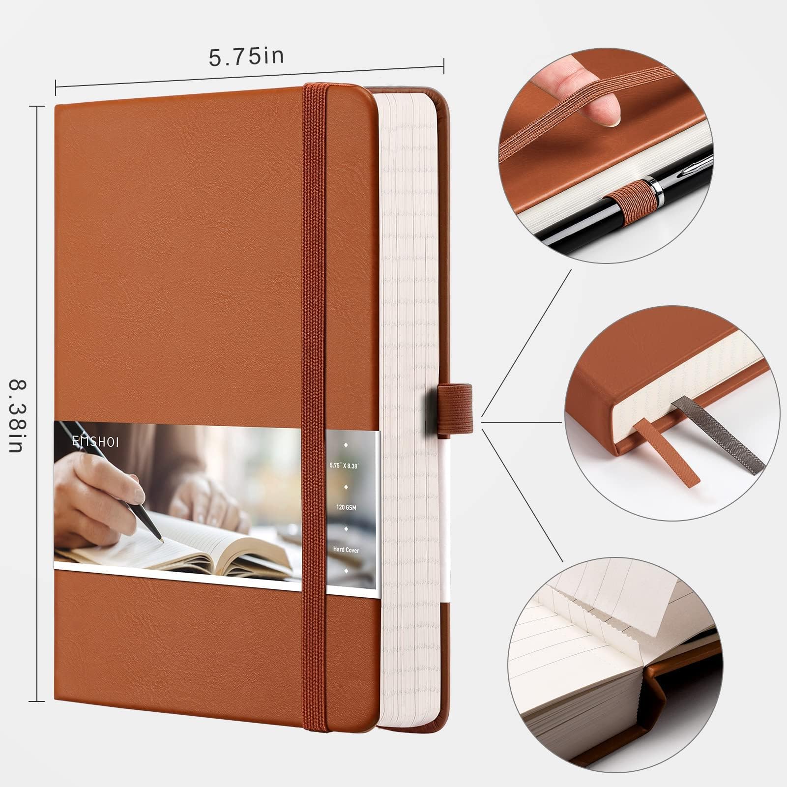 EMSHOI Premium Leather Journal Notebook - 120gsm Thick Paper, 256 Numbered Pages, A5 Hardcover with Sticky Notes - College Ruled Writing Notebook for Work, School & Personal Journaling (5.75