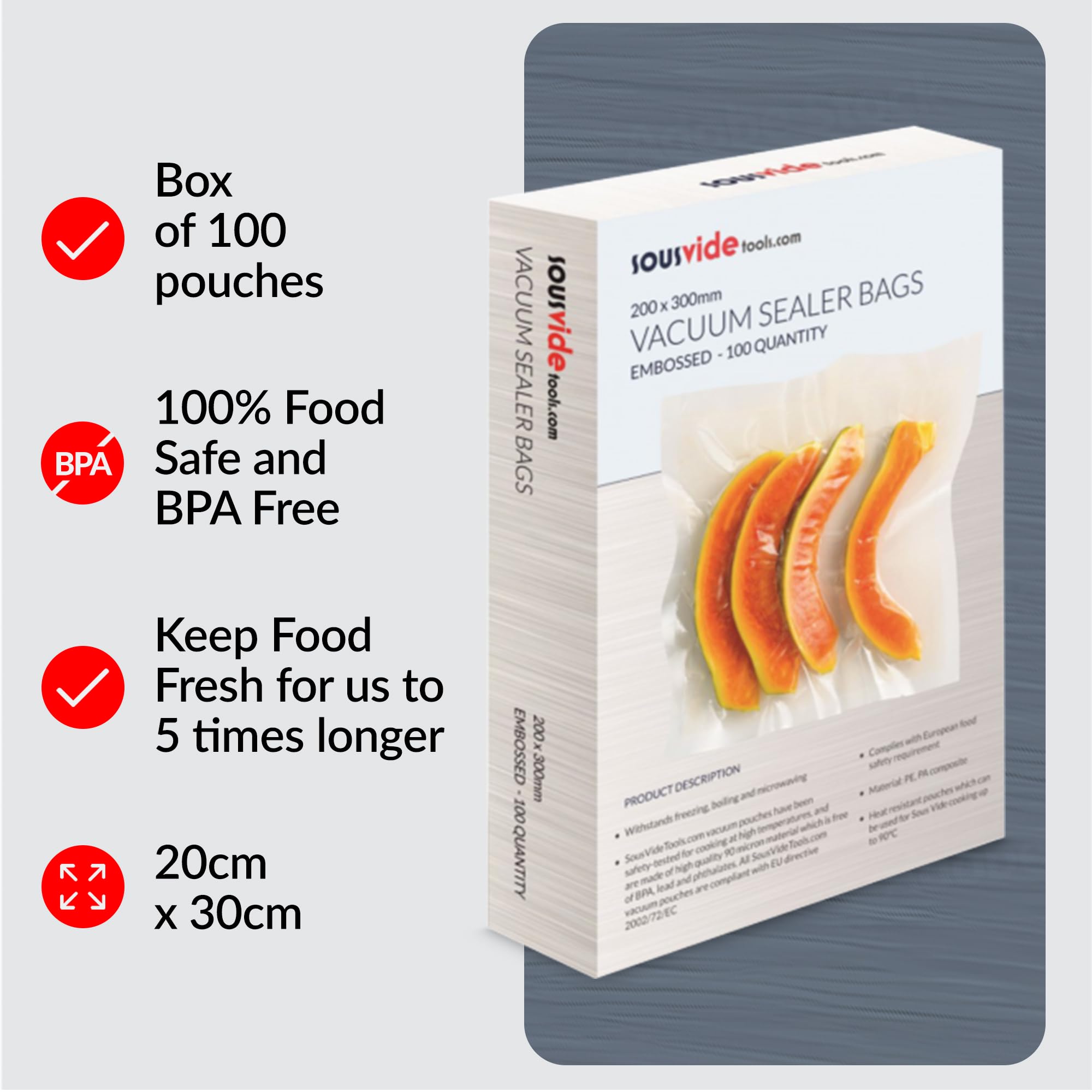Premium Vacuum Sealer Bags - 100 Pack (20cm x 30cm) | Embossed Food Storage Bags for Sous Vide Cooking, Freezing & Meal Prep | Microwave Safe & Leakproof | Perfect for Home Kitchens & Commercial Use | SVT-06003