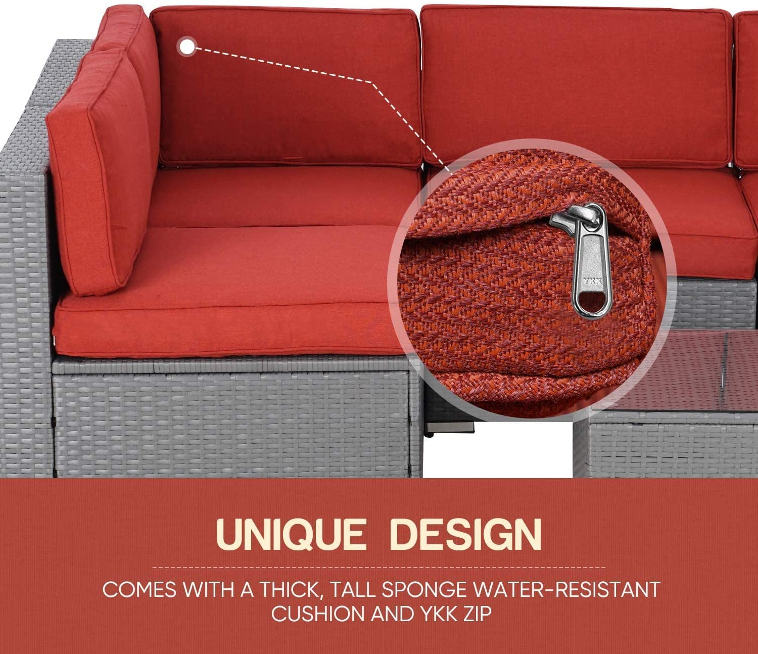 5-Piece All-Weather Outdoor Patio Furniture Set - Grey Wicker Sectional Sofa with Glass Coffee Table & Red Cushions - Perfect for Garden, Poolside, and Backyard Relaxation