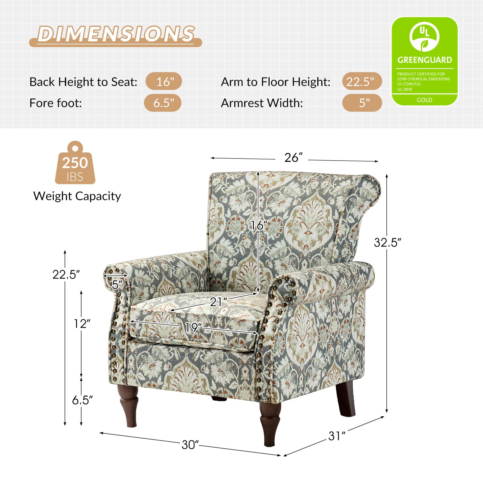 HULALA HOME Modern Wingback Accent Chairs Set of 2 with Wood Legs & Removable Cushion - Comfortable Upholstered Armchairs with Nailhead Trim, Floral Pattern Living Room Bedroom Sofa Chairs (Pine Wood) - Perfect for Cozy Reading Nook, Lounge Area or Guest Seating