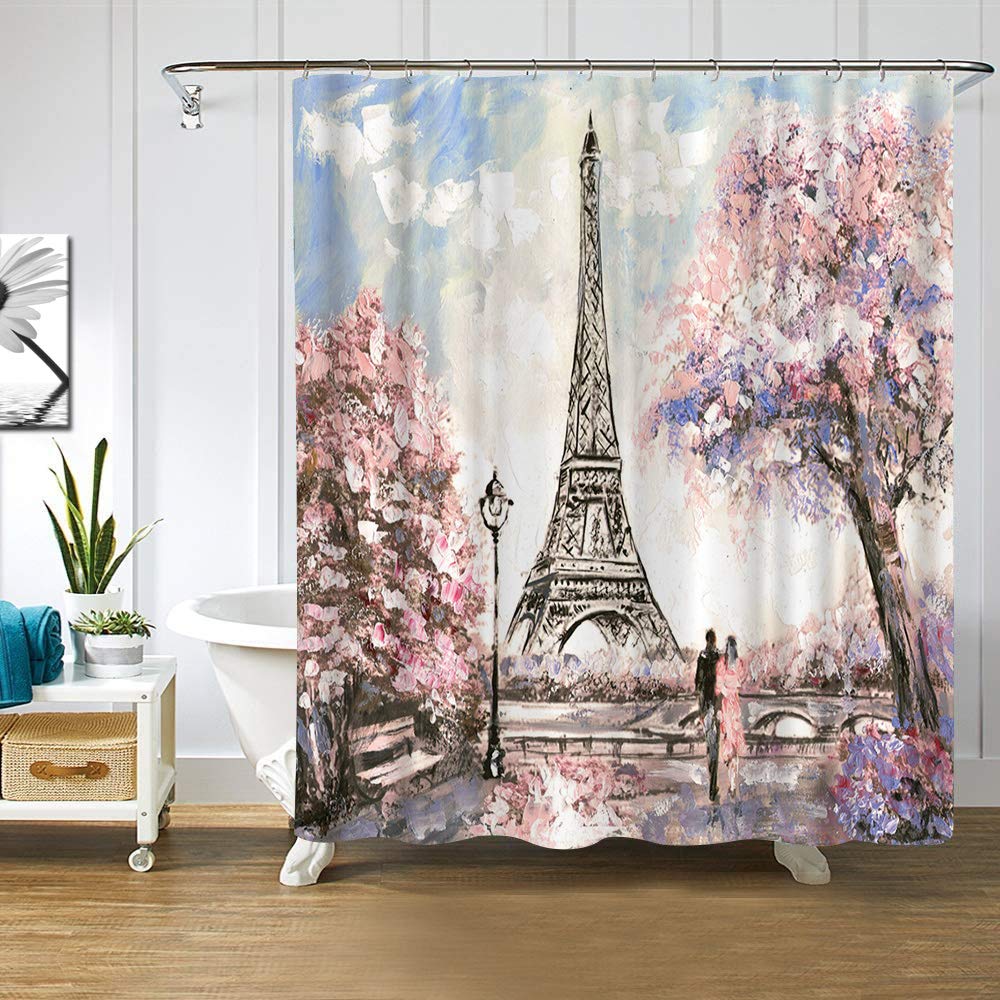Paris Shower Curtain - Sakura Blossom Landscape Pink Romantic Waterproof Fabric Bathroom Decor with 12 Hooks (72x72 Inches) for Elegant Bathroom & Spa Style Upgrade