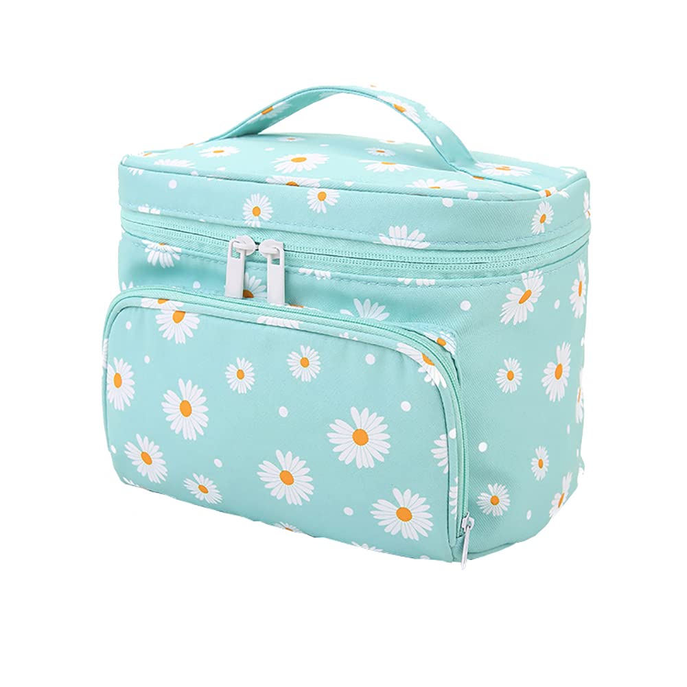 GSHLLO Travel Daisy Makeup Organizer Bag - Large Portable Cosmetic Pouch, Toiletry Wash Bag & Makeup Brush Holder - Women's Blue Pencil Storage Case for Travel, Gym, and Daily Essentials Organization