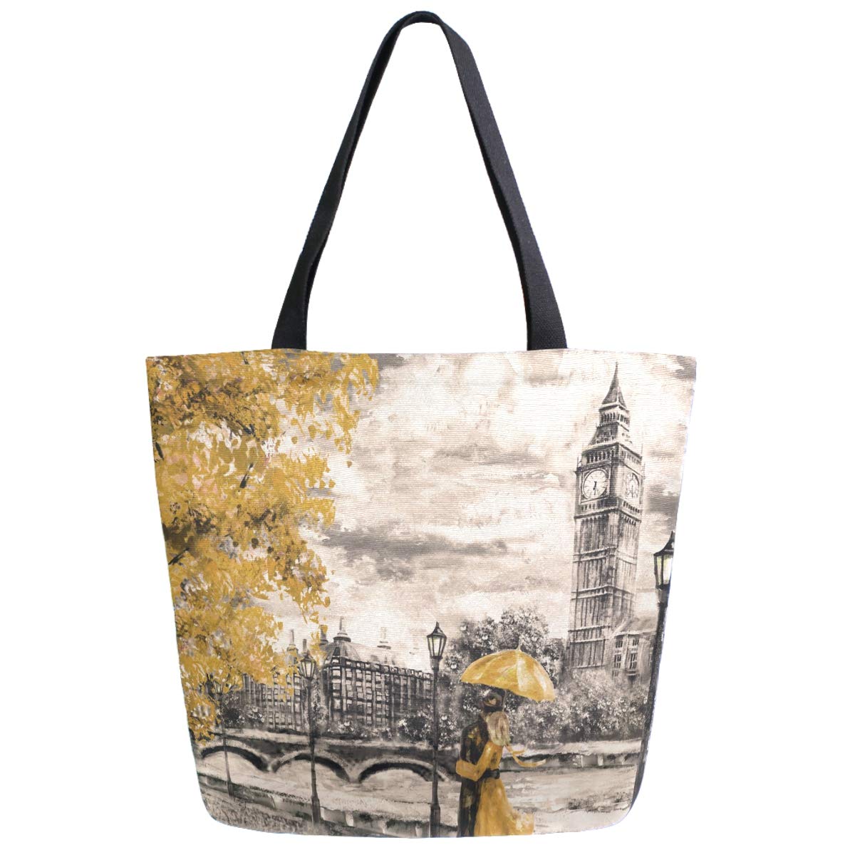 London Big Ben Painting Print Extra Large Canvas Tote Bag - Stylish Reusable Grocery Shopping Bag for Beach, Travel & Market Use - Portable Storage Handbag for Women & Men