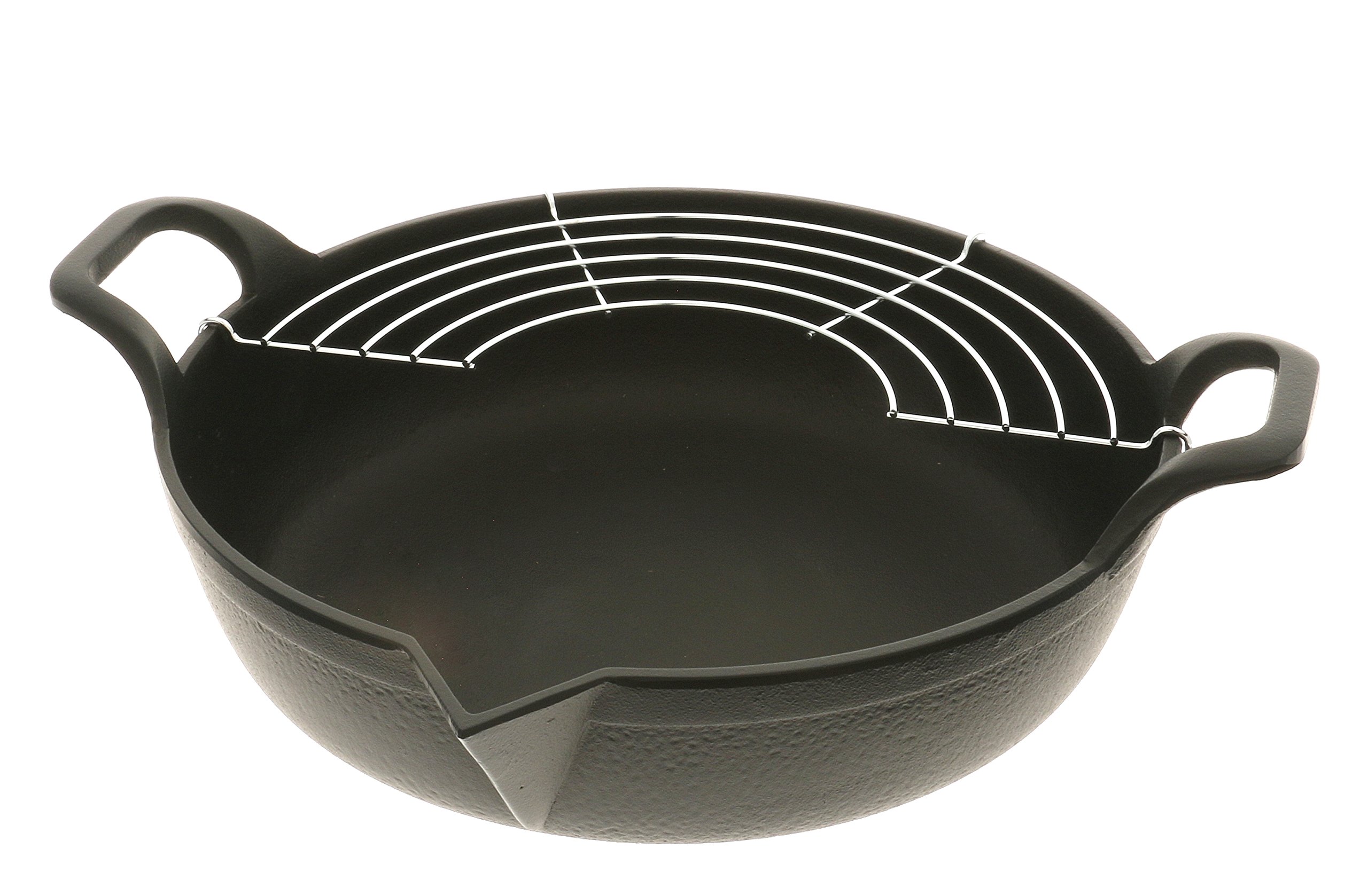 Premium Iwachu Cast Iron Tempura & Deep Fry Pan with Wire Rack - 2 Quart Black - Perfect for Japanese Cooking, Deep Frying & Home Kitchen Use