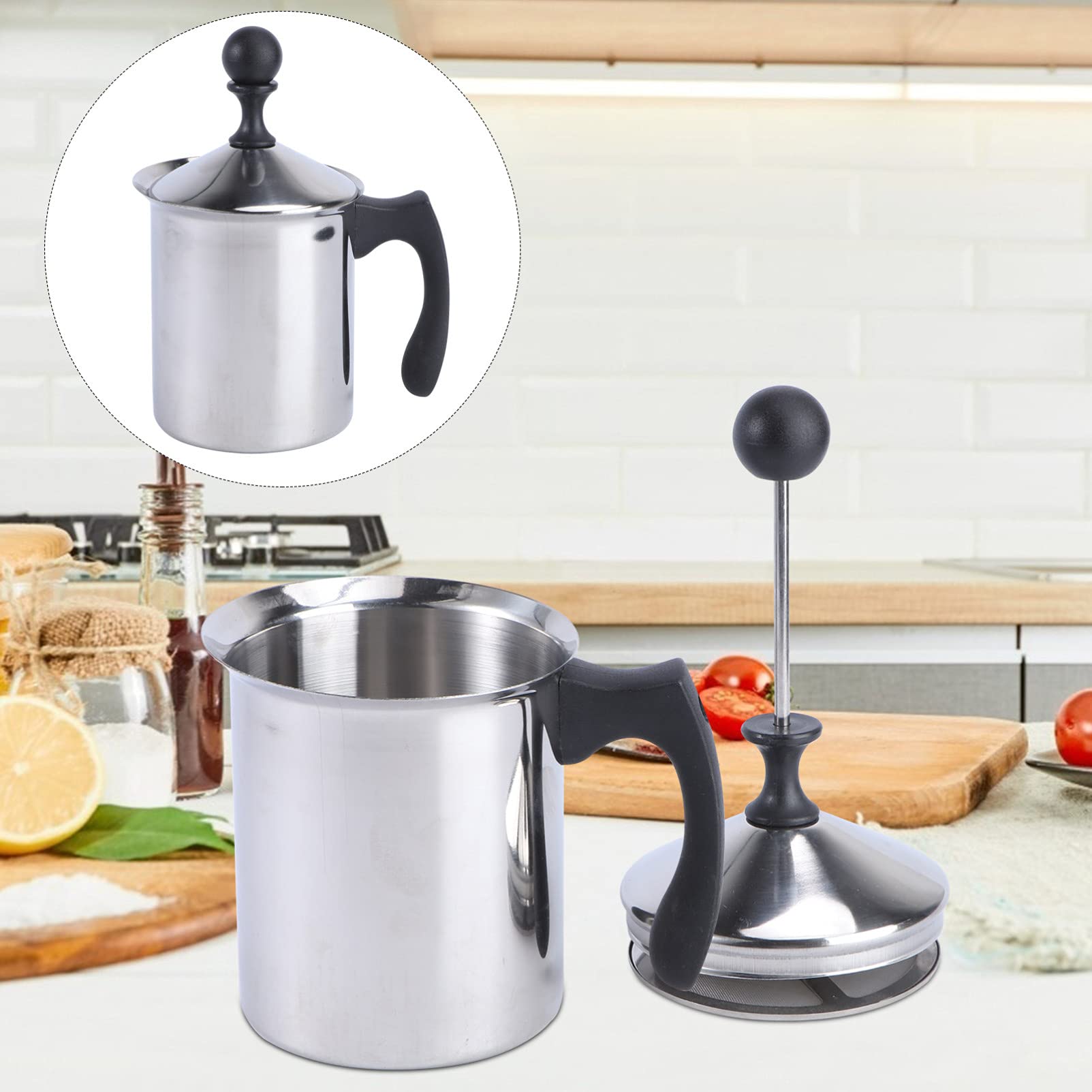 Hemoton Manual Milk Frother - Stainless Steel Hand Pump Whisk for Cappuccino, Hot Chocolate & Latte Foam - Portable Milk Foam Maker for Coffee, Tea & Baking - Perfect for Home, Office & Coffee Shops