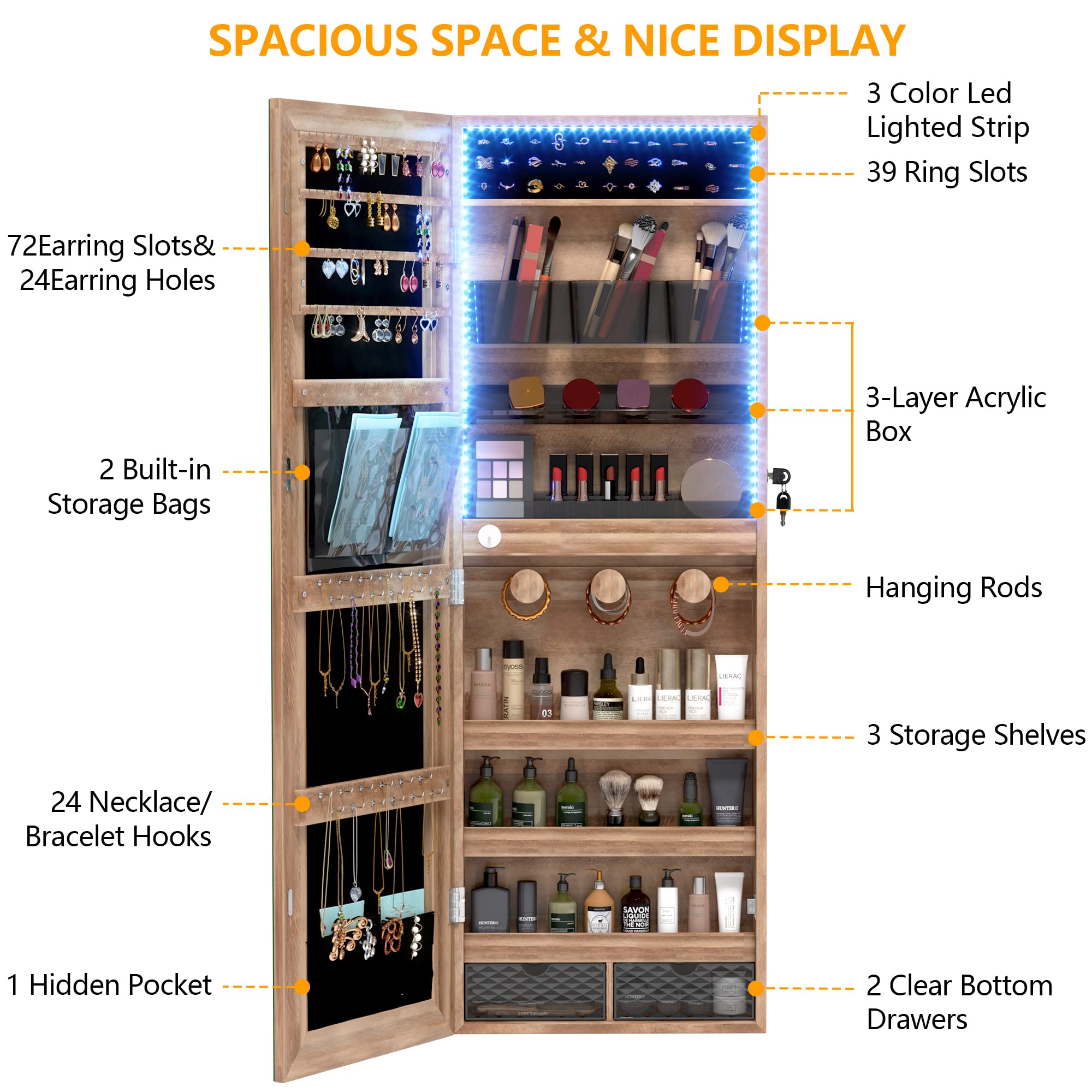 LVSOMT Lockable Jewelry Armoire Organizer with LED Lights - Wall Mounted Mirror Jewelry Cabinet with Storage, Brown - Perfect for Bedroom, Closet & Dressing Room Organization