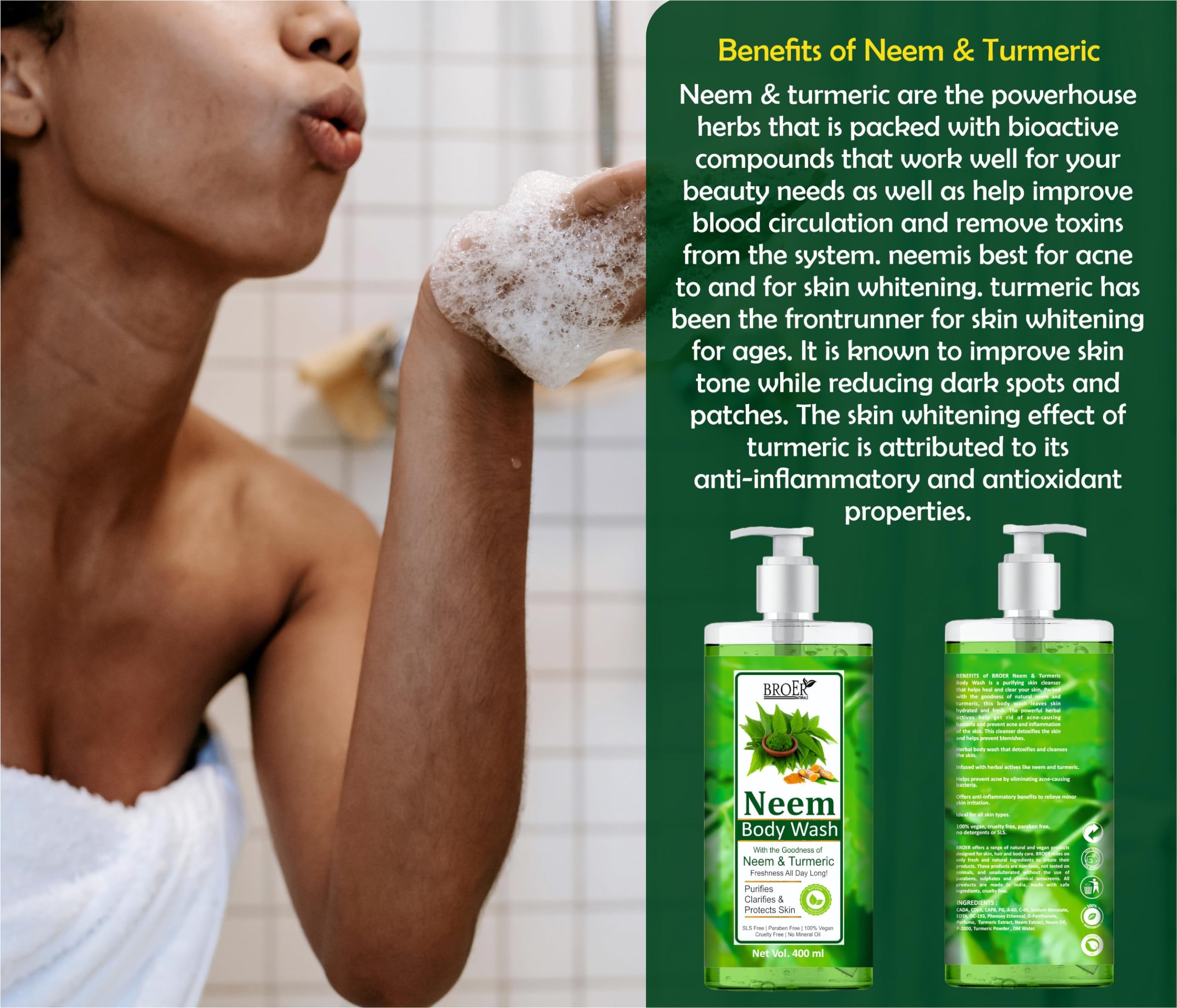 BROER Neem Body Wash Shower Gel - 400ML Luxury Natural Body Wash with Neem, Vitamin E, Aloe Vera & Turmeric | Paraben & SLS Free | Hydrating & Soothing for Dry Skin | Perfect for Daily Shower & Spa Day at Home