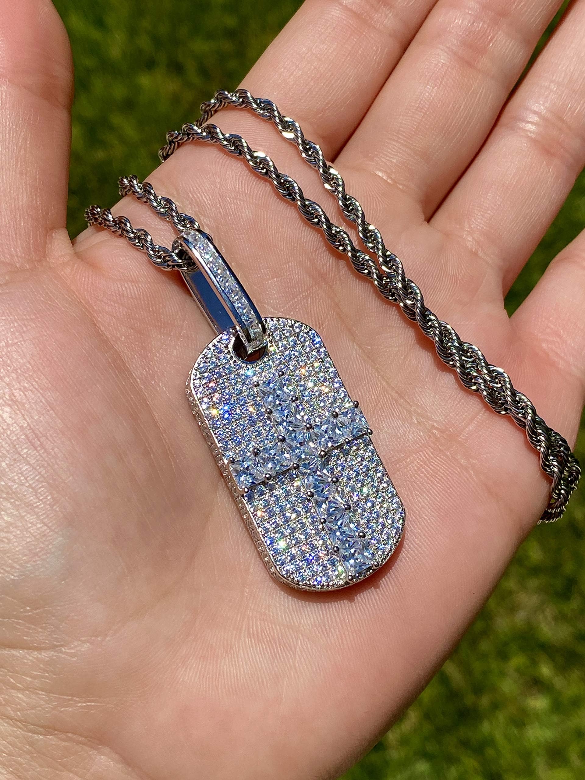 925 Sterling Silver Iced Out Dog Tag Pendant Necklace for Men & Women - Stainless Steel 2mm Rope Chain 16