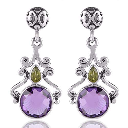 925 Sterling Silver Dangle Earrings for Women - Natural Amethyst & Peridot Hypoallergenic Jewelry | Elegant Christmas Gift for Her, Birthday Present, Anniversary, Party & Special Occasion Accessories